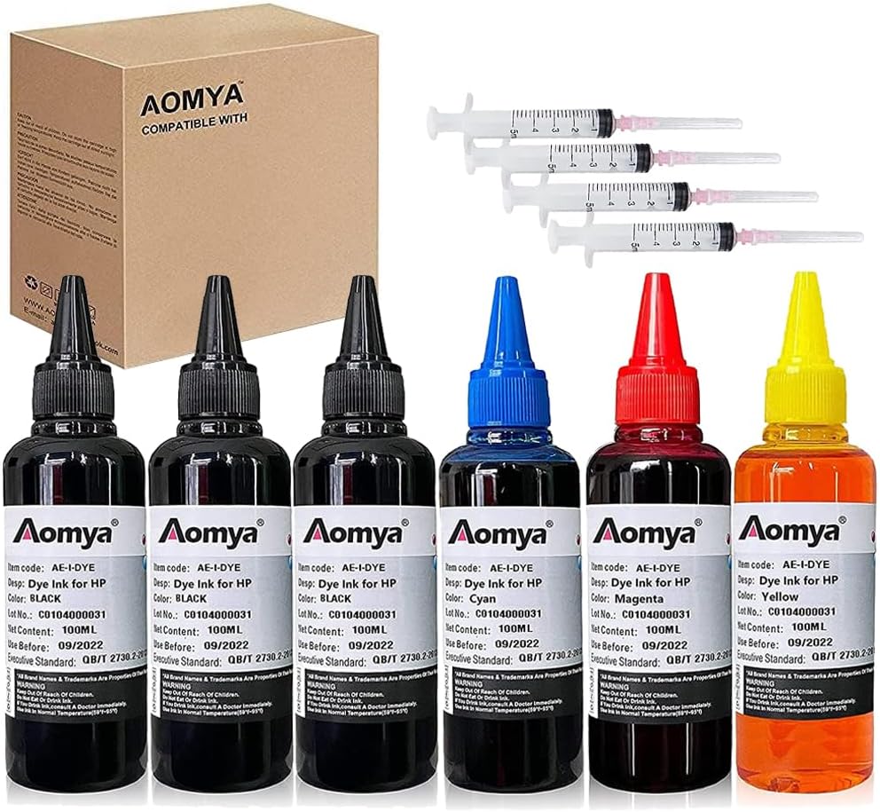 Ink Refill kit 6x100ml Compatible for HP 61 60 62 63 564 920 901 902 932 933 934 940 950 951 952 94 95 96 Printer Refillable Ink Cartridge CIS CISS System with 4 Free Syringes (3BK,C,M,Y)