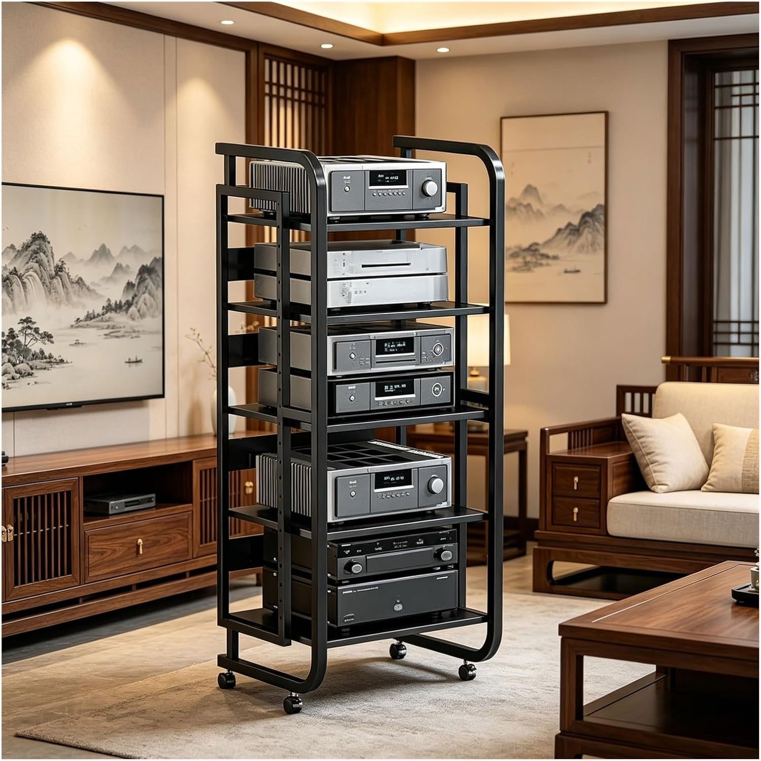 5-Tier Av Media Stand with Wheels, Audio-Video Shelving Adjustable | Stereo Racks and Stands with Storage Shelves, Media Console for Home, Office, Theater
