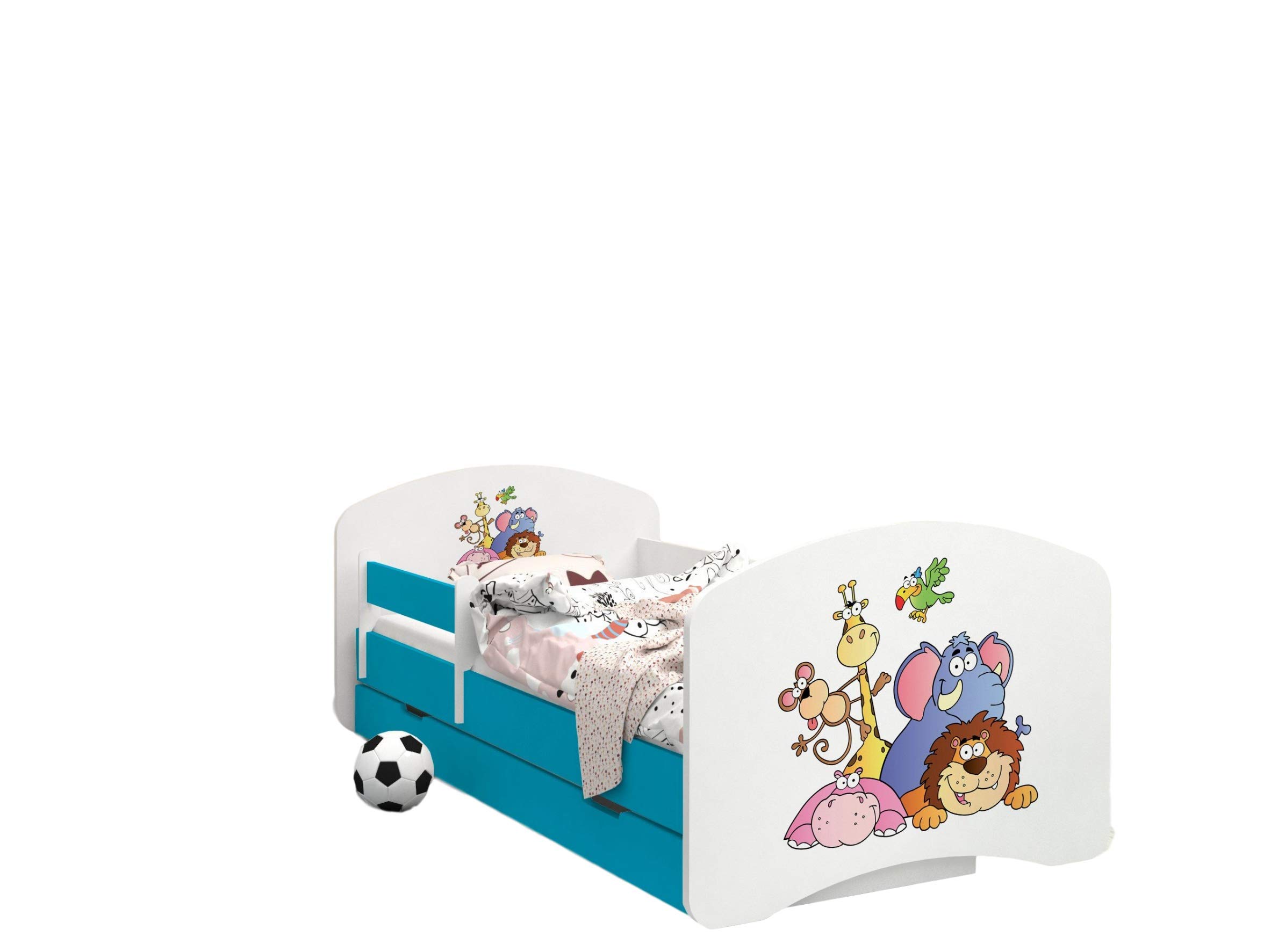 HappyBabies - Dwustronne łóżko dziecięce z szufladą, nowoczesne wzornictwo, z bezpiecznymi krawędziami i zabezpieczeniem przed upadkiem, materac piankowy 7 cm, niebieski (Safari, 180 x 90)