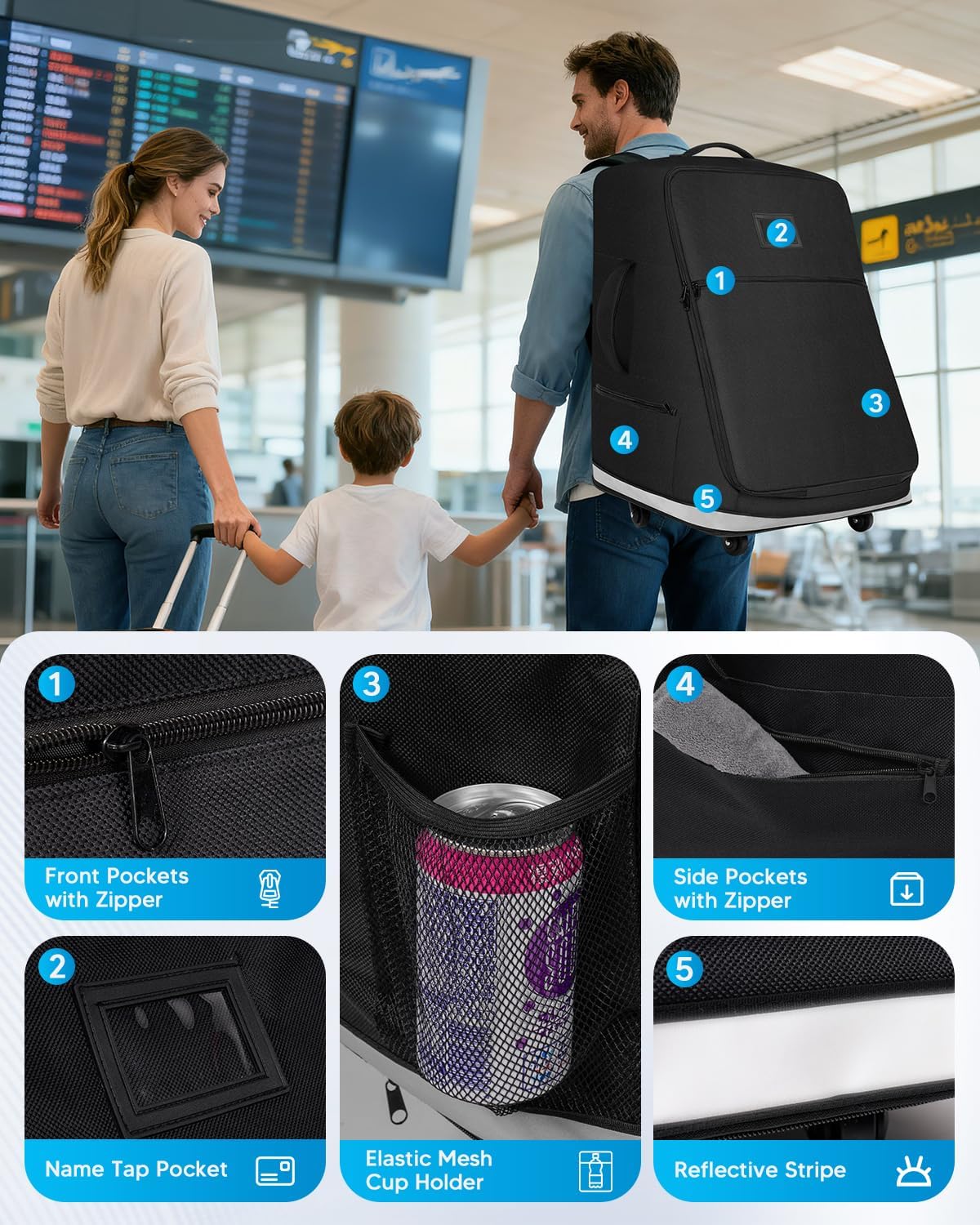 Car Seat Travel Bag for Airplane with Swivel Wheel, Extendable Height Padded Carseat Travel Backpack Large Storage Bag, Baby Infant Booster Seat Bags for Air Travel