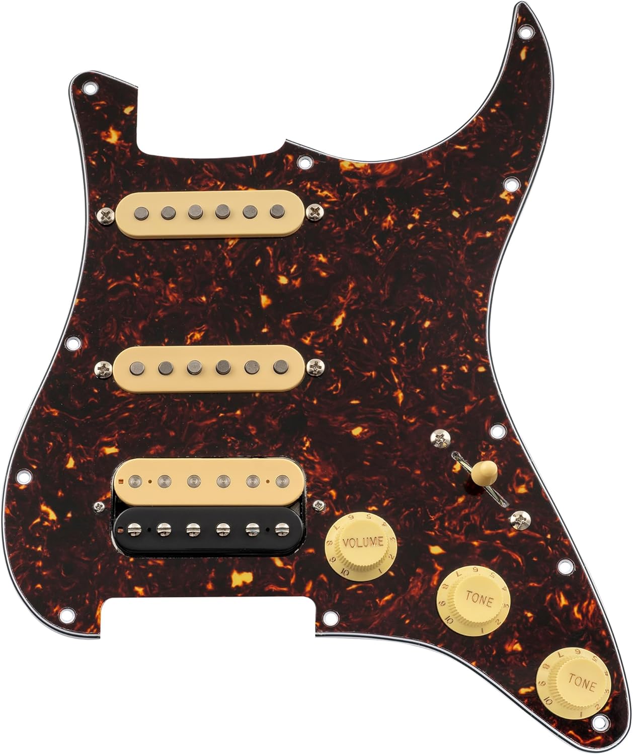 Musiclily Pro Auto-Split HSS Loaded Pickguard ST Prewired Pickguard with Artec Alnico 5 Single Coil Humbucker Pickups for American/Mexico Import Squier Strat Electric Guitar, 4ply Tortoise Shell