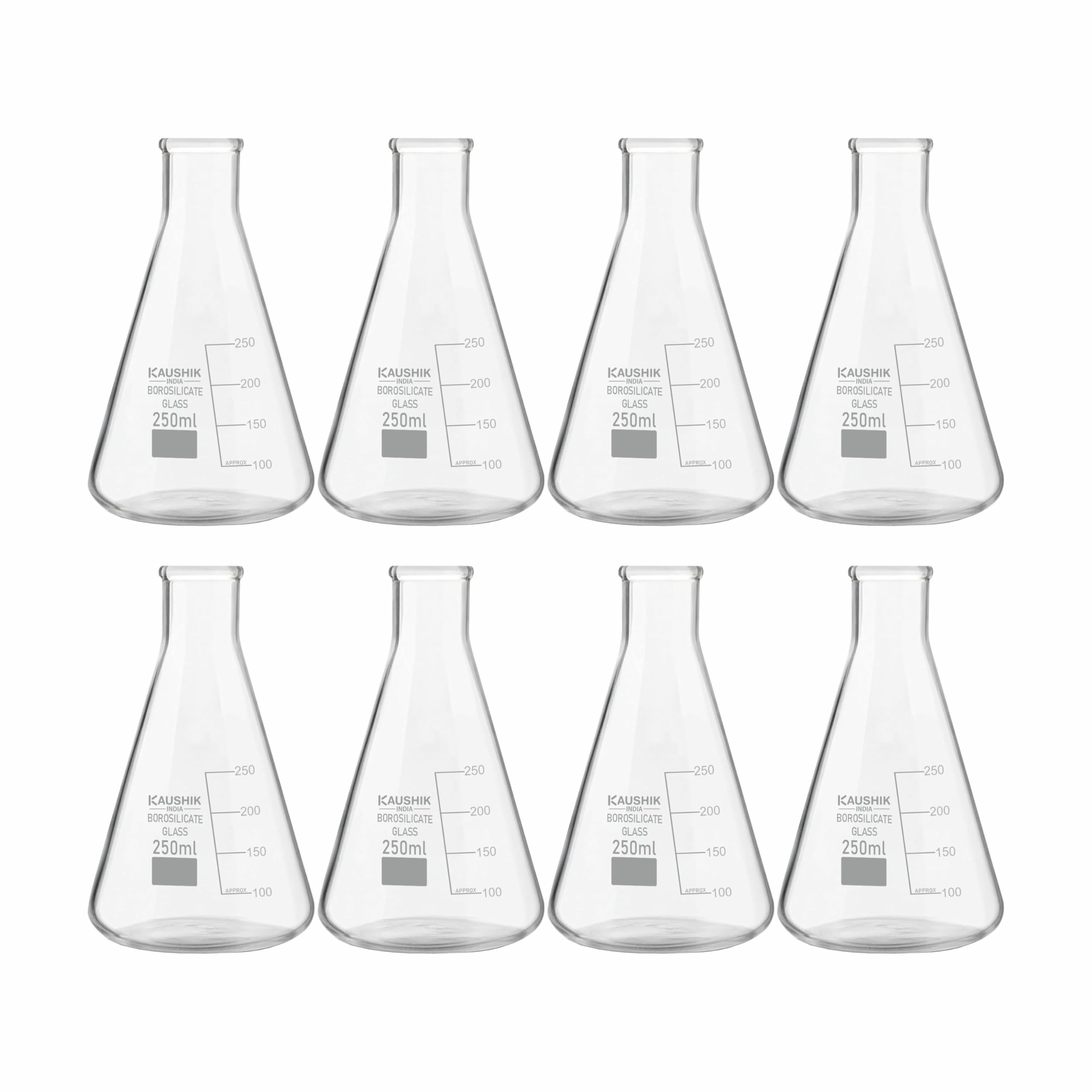 KAUSHIK INDIA Borosilicate Glass Conical Flask,250ml Capacity narrow mouth Pack of 8 for storage liquid Chemical school, college, chemistry lab, Laboratories-image-37