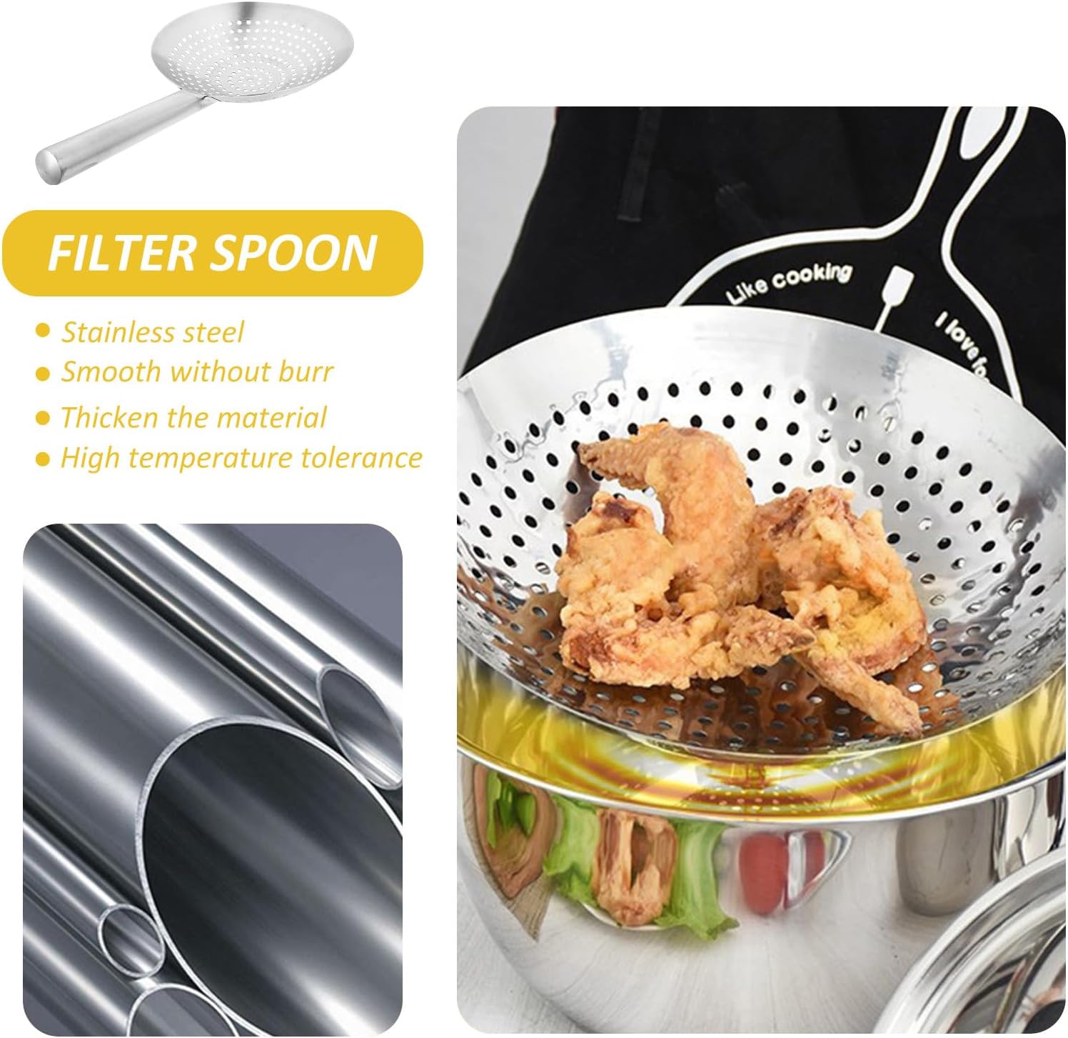 Thickened Stainless Steel Skimmer Ladle with Fine Mesh Oil Filter Colander for Cooking High Temperature Resistant Strainer Spoon for Frying Pasta Vegetables and Meat Steel Handle