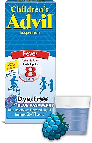 Children's Advil Suspension (4 onzas líquidas, sabor a frambuesa azul), 100 mg reductor de fiebre de ibuprofeno  analgésico, medicamento líquido
