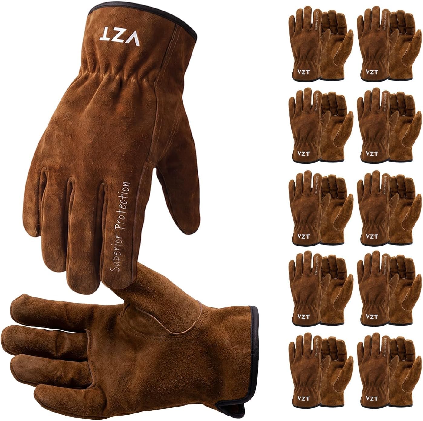 VZT 10 pares de guantes de trabajo de cuero para hombres y mujeres, paquete a granel, agarre suave y duradero, cuero de vaca genuino resistente para conductores de camiones, construcción, soldadura