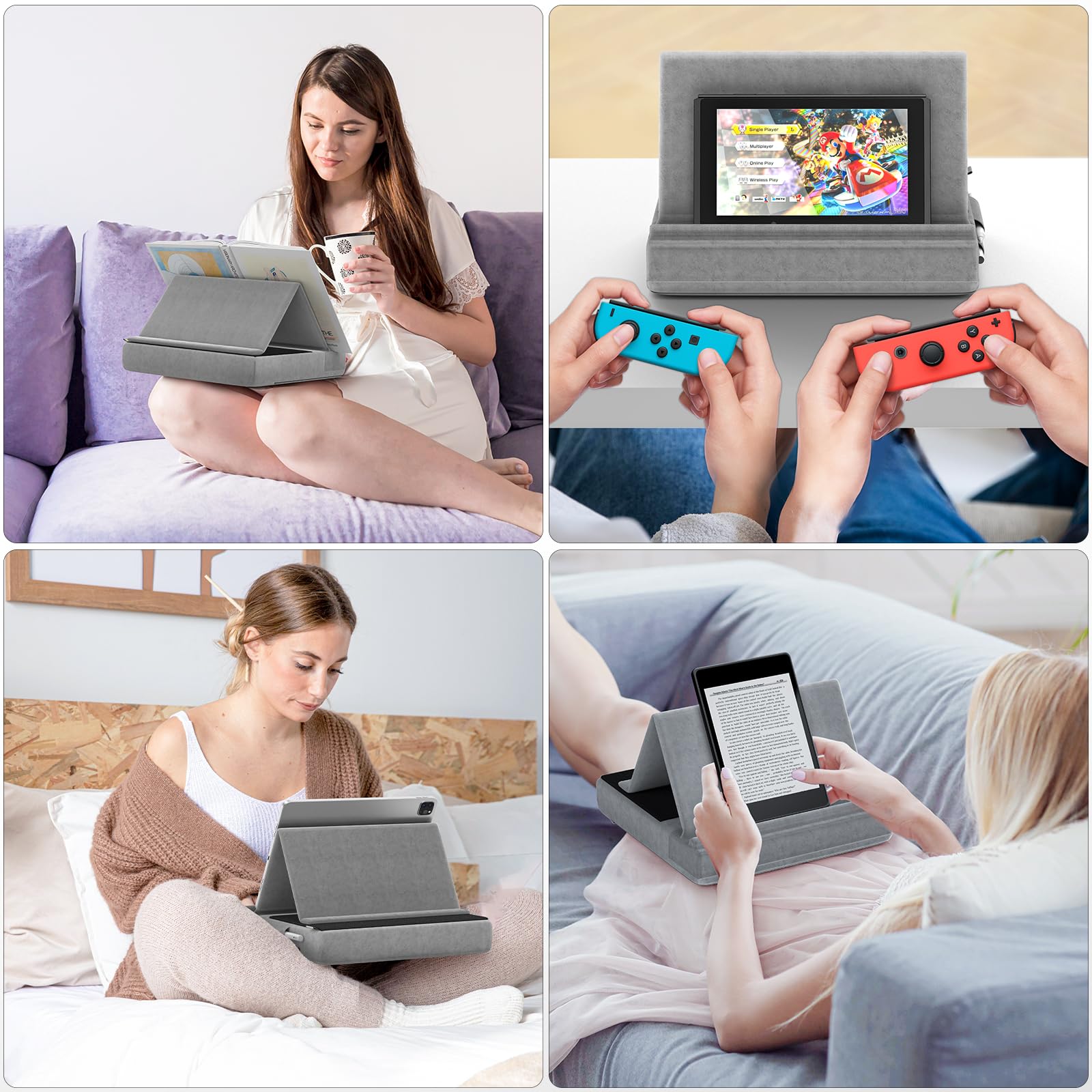 KDD Cuscino Supporto Multiangolare per iPad Tablet con Porta Stilo, Compatibile con iPad Pro 12.9 Mini Telefoni Libri Grigio