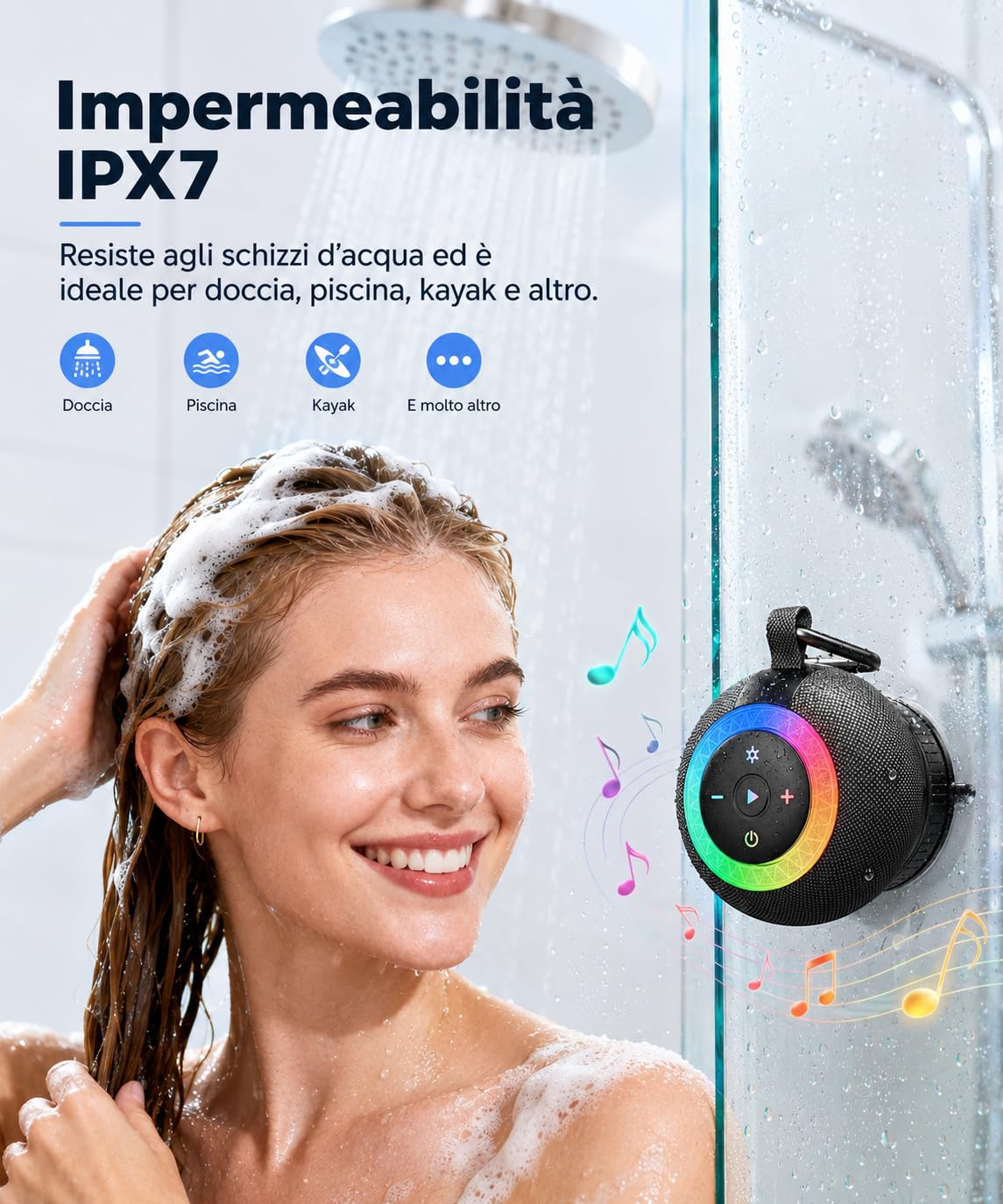 UOHHBOE Cassa Bluetooth Doccia Portatile 20W IPX7 Impermeabile Altoparlante Bluetooth LED Luce 24 Ore di Autonomia Stereo TWS Chiamate in Vivavoce Supporta schede TF con Ventosa per Doccia