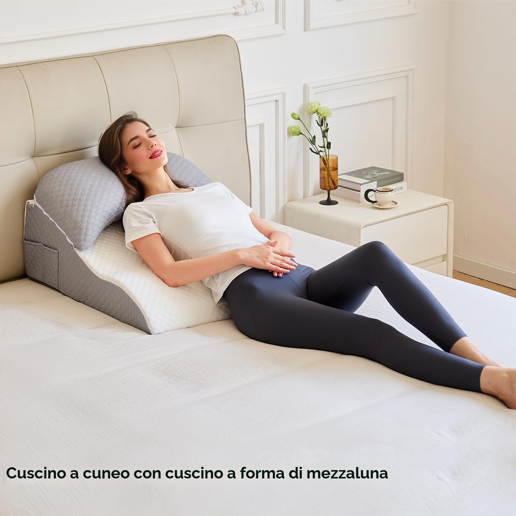 Cuscino ortopedico a cuneo con cuscino a mezzaluna rimovibile, supporto per dormire, seduti, reflusso acido e recupero post-operatorio, cuscino regolabile per collo, schiena e gomiti, bianco e grigio