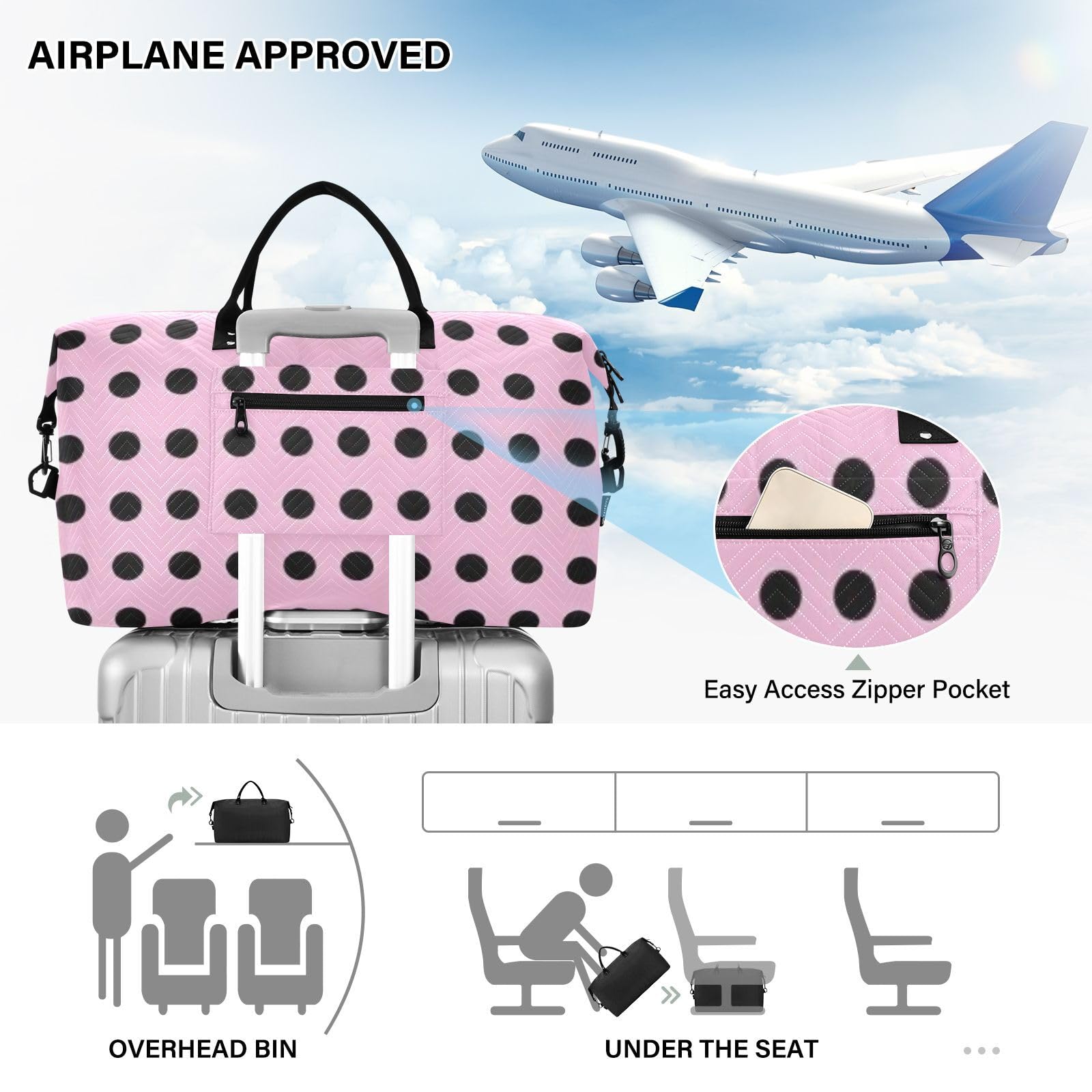 Reisetaschen-Set, große Tasche und Mini-Tasche, Ultraschall, gesteppt, Kulturbeutel, leichte Aufbewahrung, Rouge-Punkte, One Size, Klassisch
