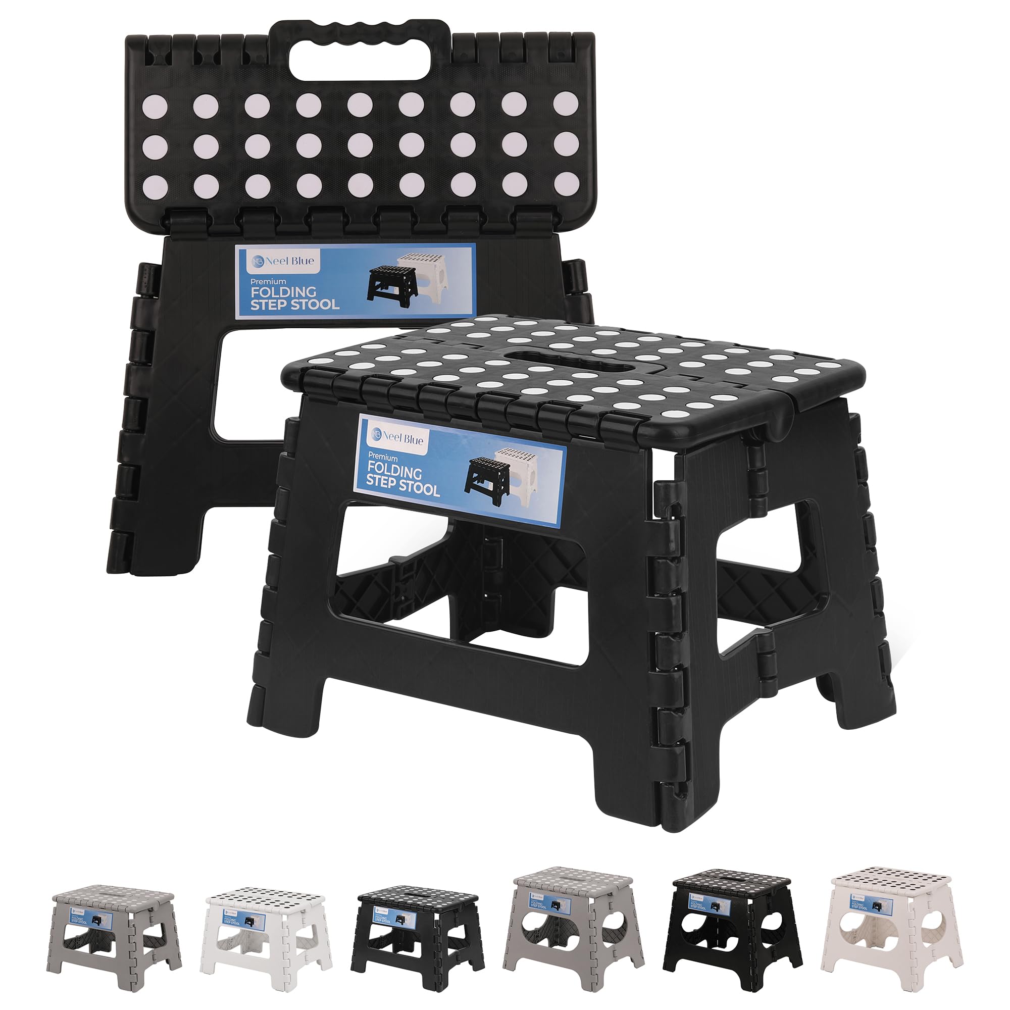 Trimming Shop Heavy Duty 9 Inch Folding Step Stool with Carry Handle, Anti Slip Surface, Portable Plastic Foldable Camping Stool for Kitchen, Bathroom, Indoor/Outdoor Use, 330lbs Load Capacity - Black