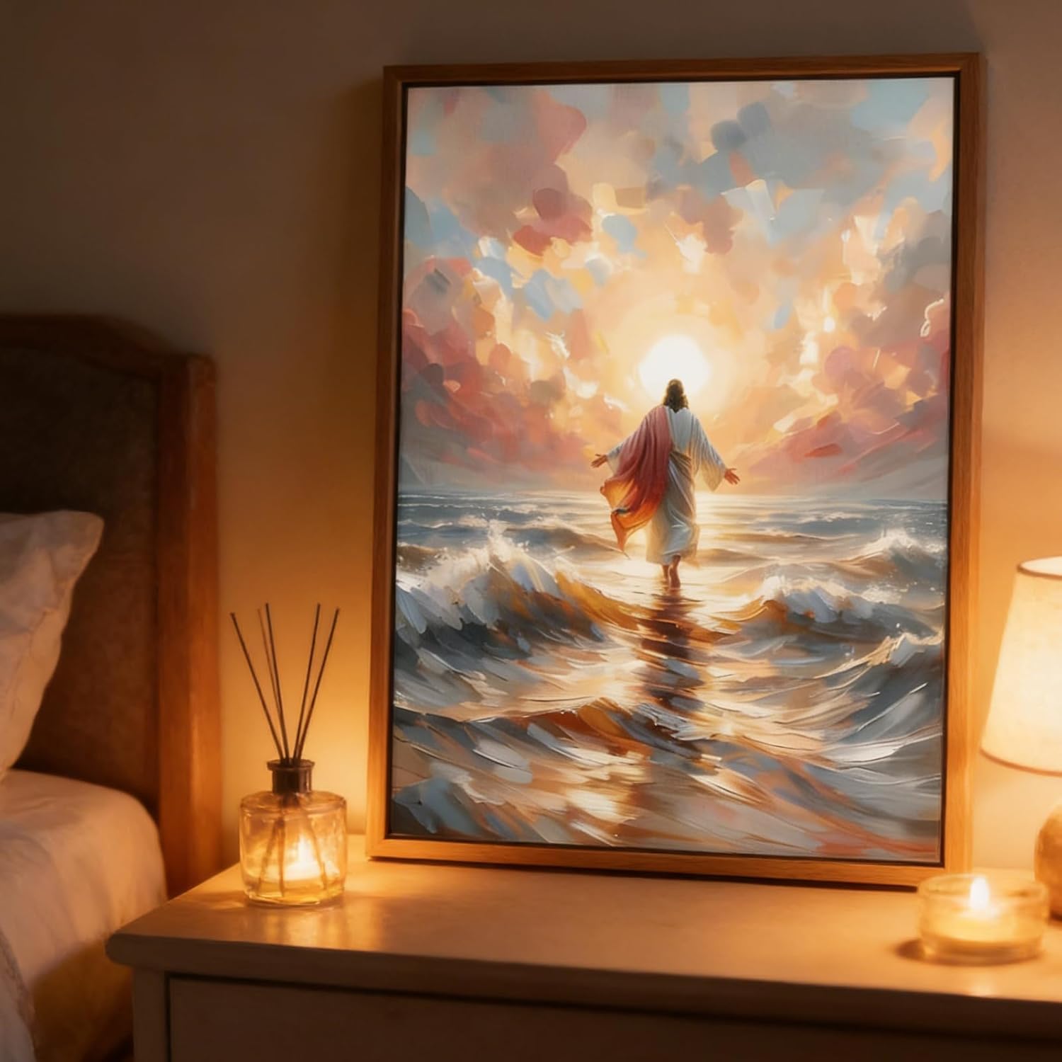Framed Jesus Walking on Water Canvas Wall Art Christian Spiritual Divine Light Painting Picture Wall Decor Modern Religious Faith Poster Print Artwork for Church Prayer Room Bedroom Home Decoration