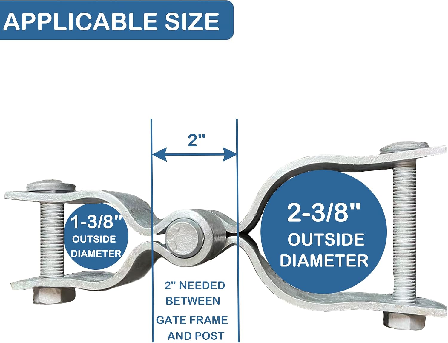 2 Pack 1-3/8" x 2-3/8" Chain Link Fence Gate Hinge Kit, Galvanized Steel Gate Hinges, Heavy Duty with 2 PCS 1-3/8" Frame Hinge and 2 PCS 2-3/8" Post Hinge, Bolts & Nuts Included