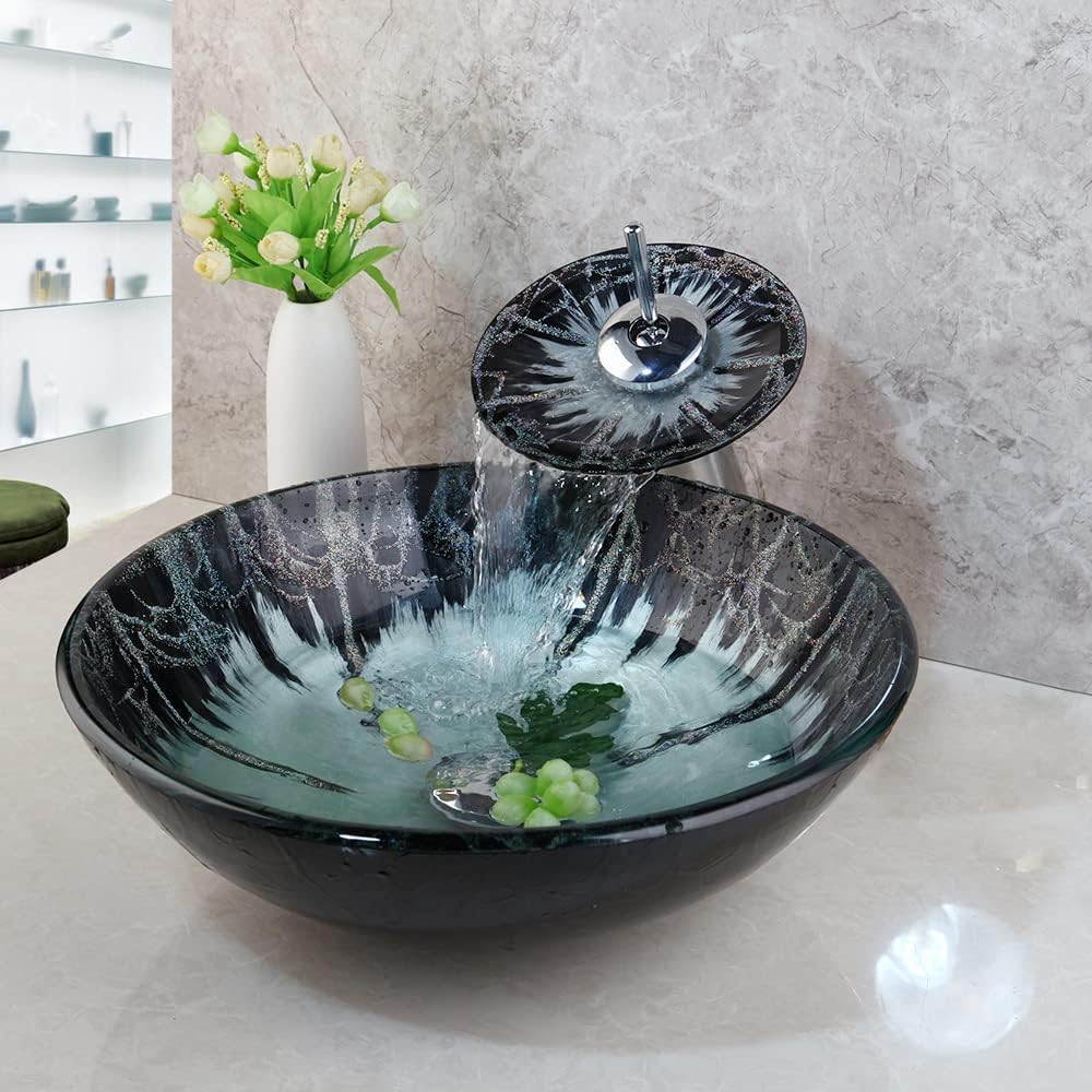 Shining Bathroom Vessel Sinks Round Tempered Glass Basin Bowls Above Counter Vessel Sinks for Bathrooms Glass Vessel Sinks Bowl Sinks for Bathrooms with Faucet and Drain Combo | With Faucet And Pop-Up Drain Combo, Tempered Glass Basin, Above Counter Bathroom Bowl Sink, For Small Vanities Top Mount