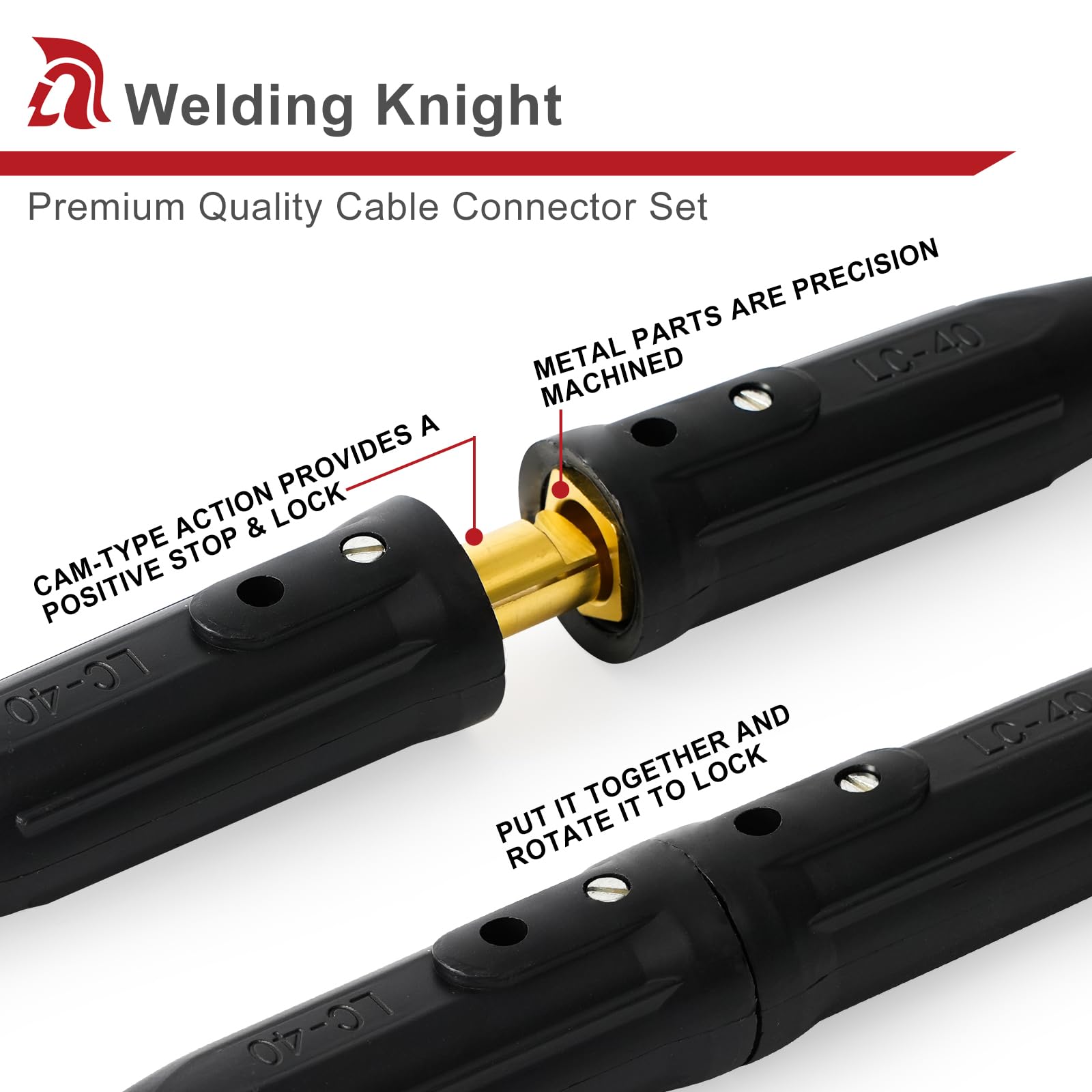 LC40 - Juego de conectores de cable de soldadura macho y hembra negro para cable de 1/0 a 2/0, capacidad de 350 amperios, 50-70 m², 2 juegos