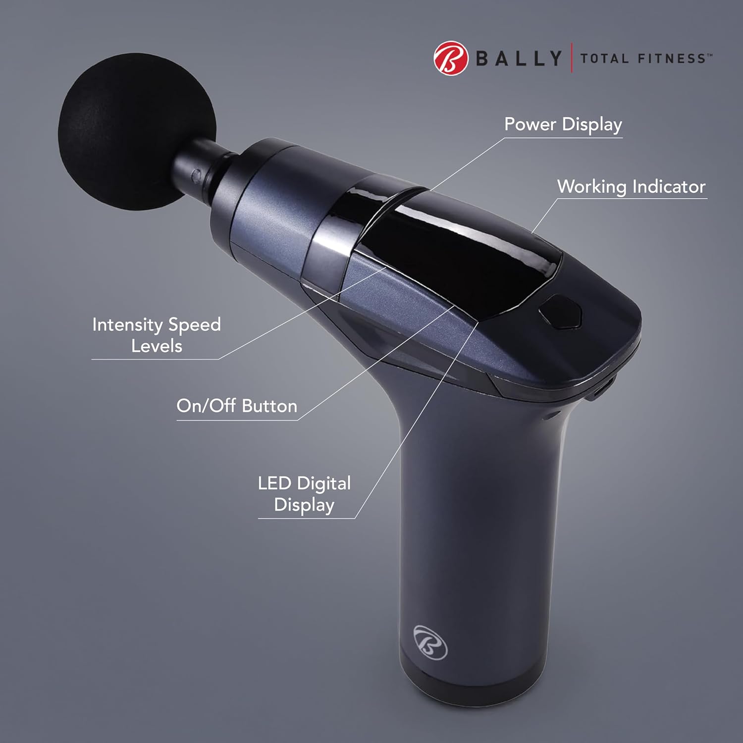 Diagram of Bally BL1739 Massage Gun showing Power Display, Working Indicator, Intensity Speed Levels, On/Off Button, and LED Digital Display