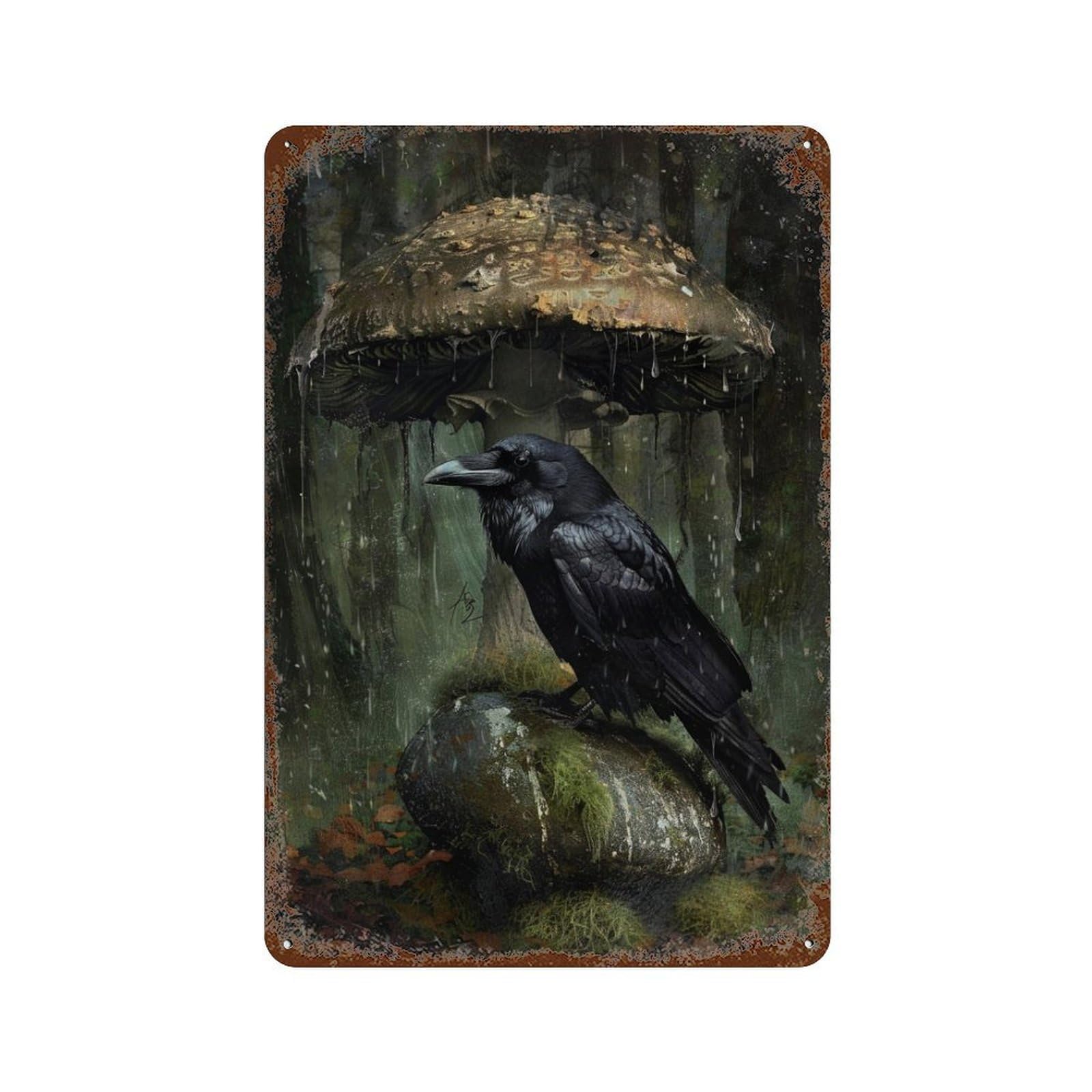 Rainy Forest Raven-3 Decorative Tin Sign 11.8"x7.9", Retro Wall Decor for Garage, Pub Or Kitchen