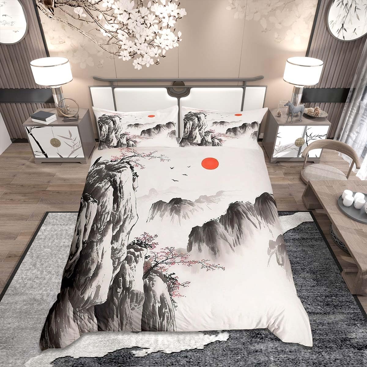 Loussiesd Kids Japanese Ink Painting Bedding Set Super King Size Mountain Pattern Duvet Cover for Boys Girls Traditional Art Bedspread Cover Room Decor,1xDuvet Cover+ 2xPillowcases