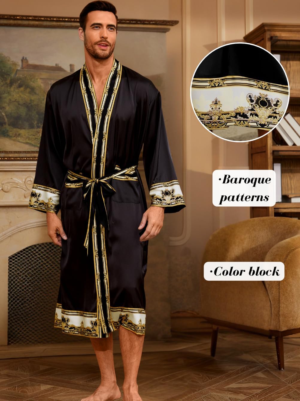 Men's Luxury Silky Robe & Shorts Set, 2PC Lightweight Satin Pajamas with Pockets, Opulent Baroque Kimono Gifts - Image 4