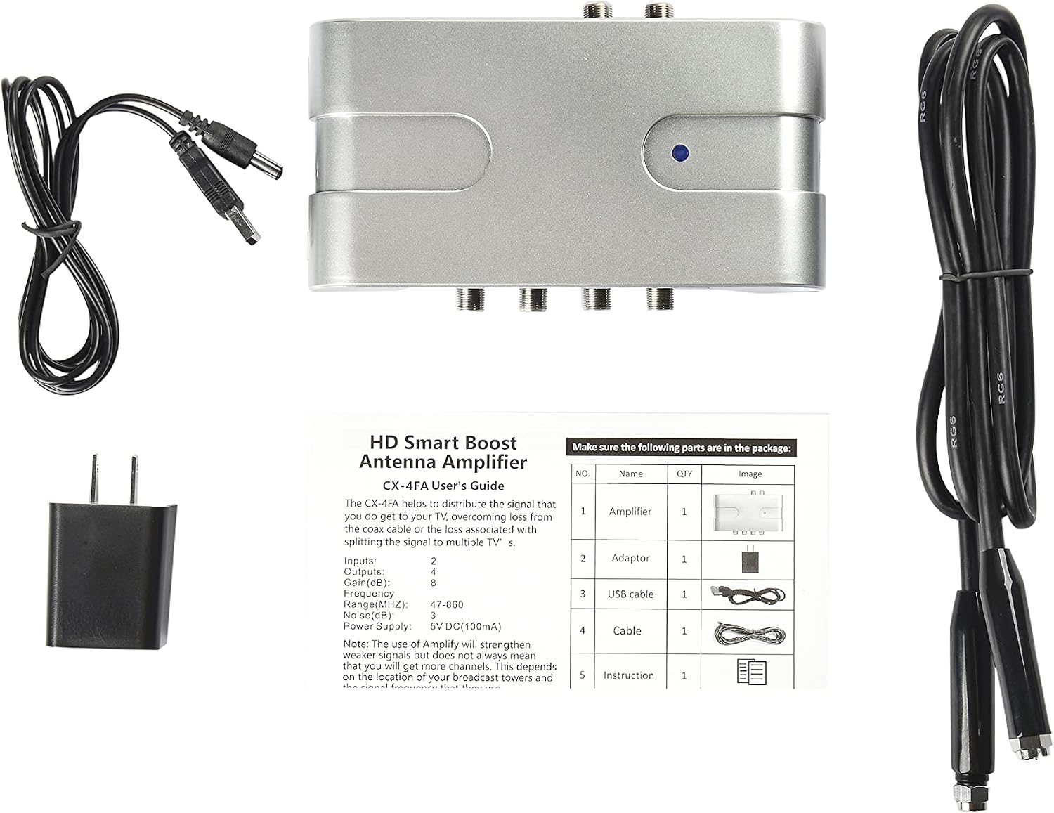 Amplifier with 4-Way Splitter Clear Up/Amplify Pixial Low Strength Signals to Up to 4 TVs Compatible with Most Passive Antenna and TVs