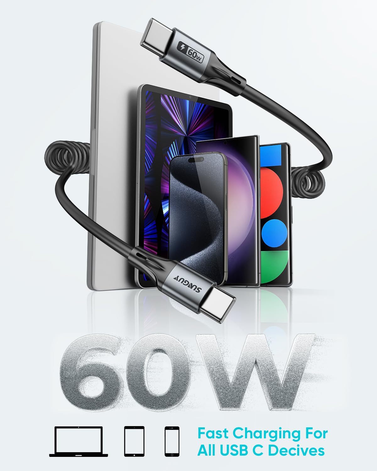 SUNGUY Cavo USB C USB C Spirale, 60W Cavo USB Type C Ricarica Rapida,【0.4M-1M】 Cavo USB Type-C per Android Auto, iPhone 15 Pro Max Plus, Galaxy S24/ S23, Google Pixel, xiaomi, iPad Pro, MacBook Pro