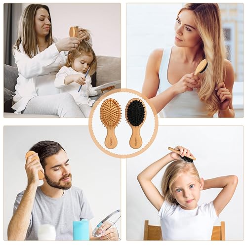 Miniatura 6 de DEBETOOL Paquete de 2 mini cepillos de pelo para mujereshombresniños pequeños, cepillo de viaje de madera, cepillo desenredante de bolsillo para