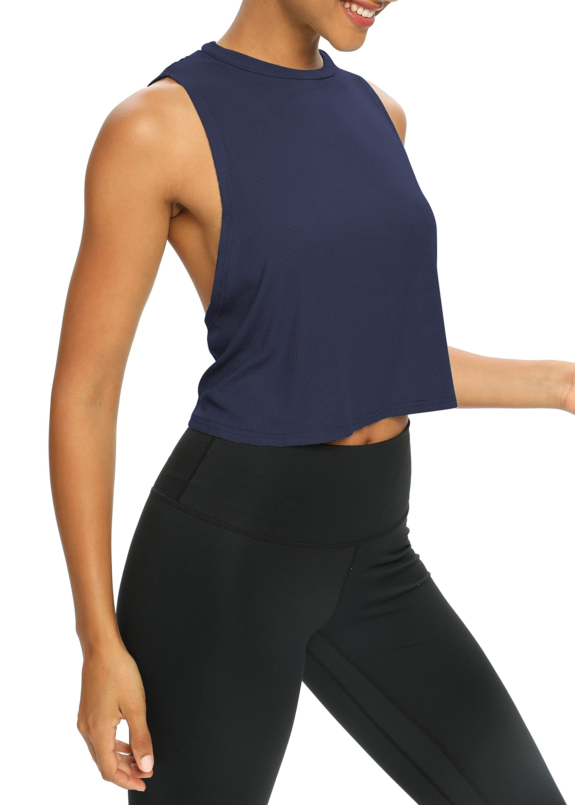 Bestisun Damskie topy treningowe luźny krój, zwiewne, przycięte bezrękawniki, koszulki sportowe z odkrytymi plecami, krótkie topy dla kobiet, granatowy, XL