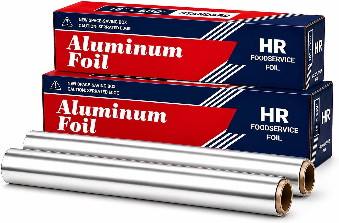Standard Aluminum Foil Roll, 18" x 500 Ft, Easy Tear Serrated Edge, for Cooking, Baking, Grilling and Food Storage - Easy Tear Serrated Edge (2 PACK)