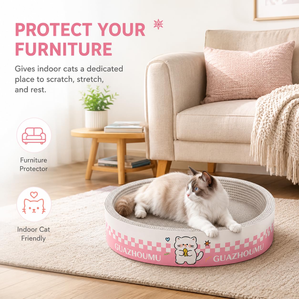 XQLY - Tiragraffi ovale XL, 2 in 1, in cartone ad alta densità, protezione per mobili per gatti da interni, adatto fino a 11,3 kg, 55 x 38,5 x 9 cm