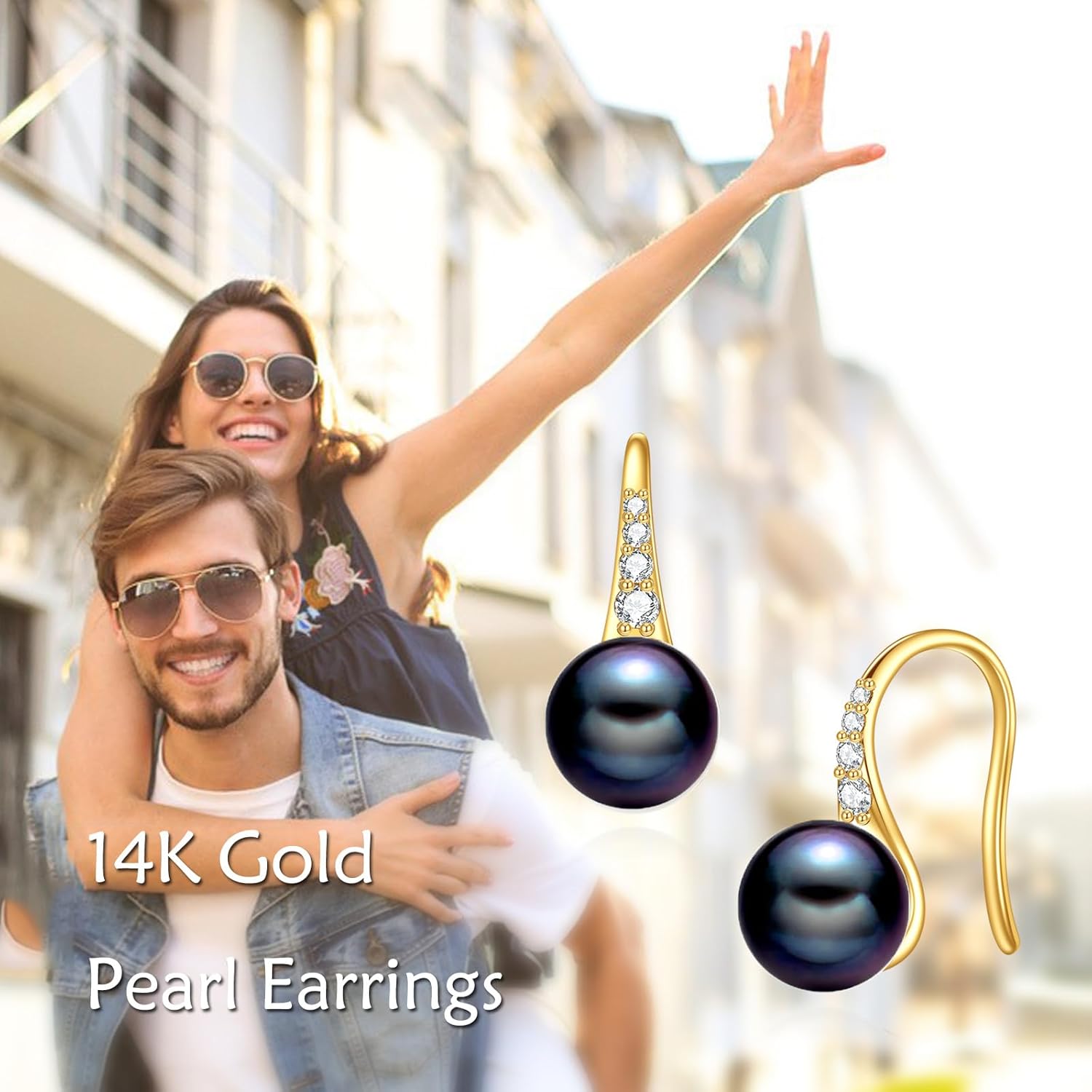 14K Gold Freshwater Pearl Earrings Solid Gold Dangle Drop 8 MM Pearl Earrings Jewelry Gifts for Women