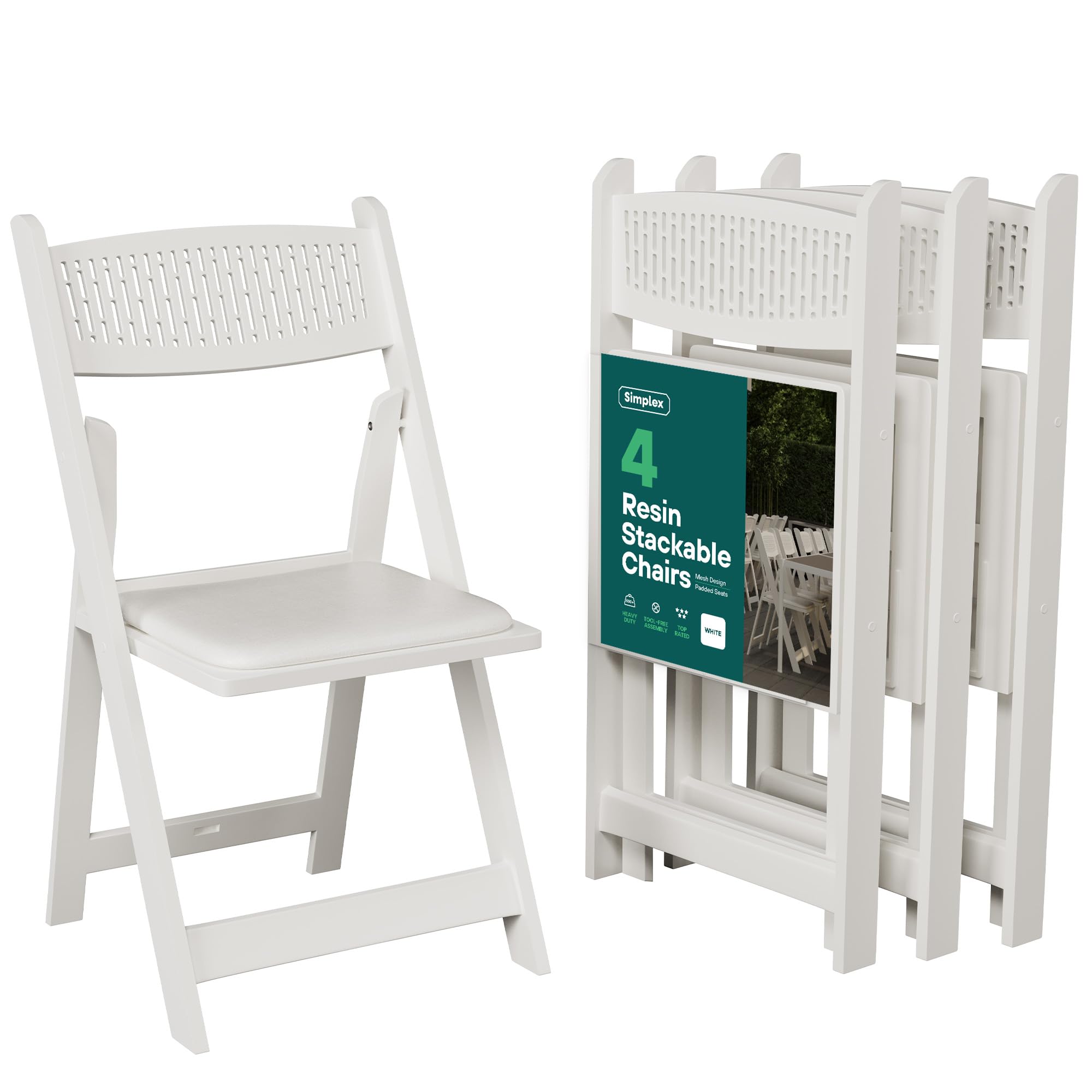 SIMPLEX White Stackable Folding Chairs, with Padded Seat & Mesh Back, Padded Indoor/Outdoor Folding Chair, Lightweight Foldable Chairs, Weight