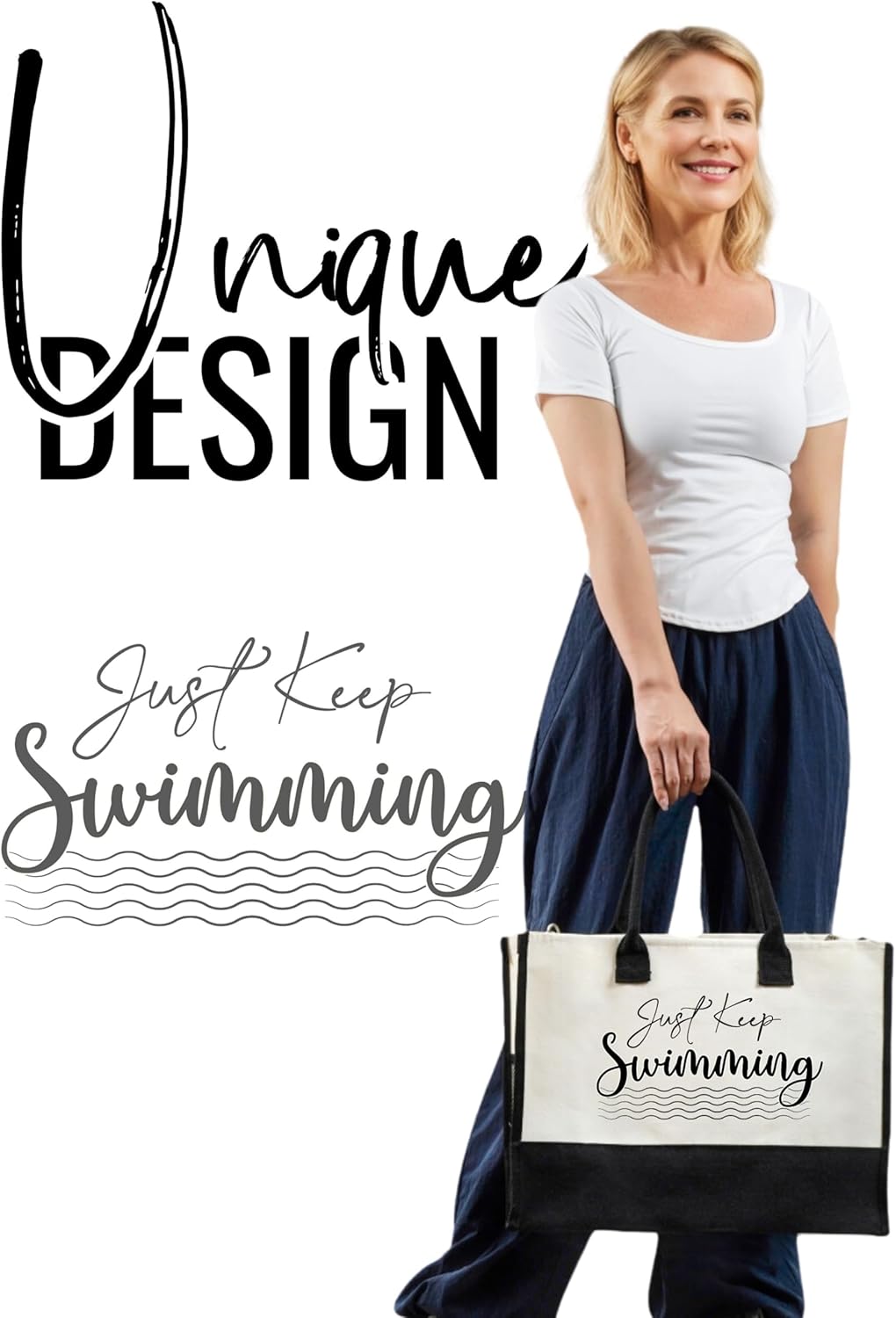 InnoBeta Swimmer Gifts, Just Keep Swimming, Gift for Swimmer Canvas Tote Bag, with Top Zipper Closure and Shoulder Strap for Birthday, Mother's Day, Christmas - Image 2