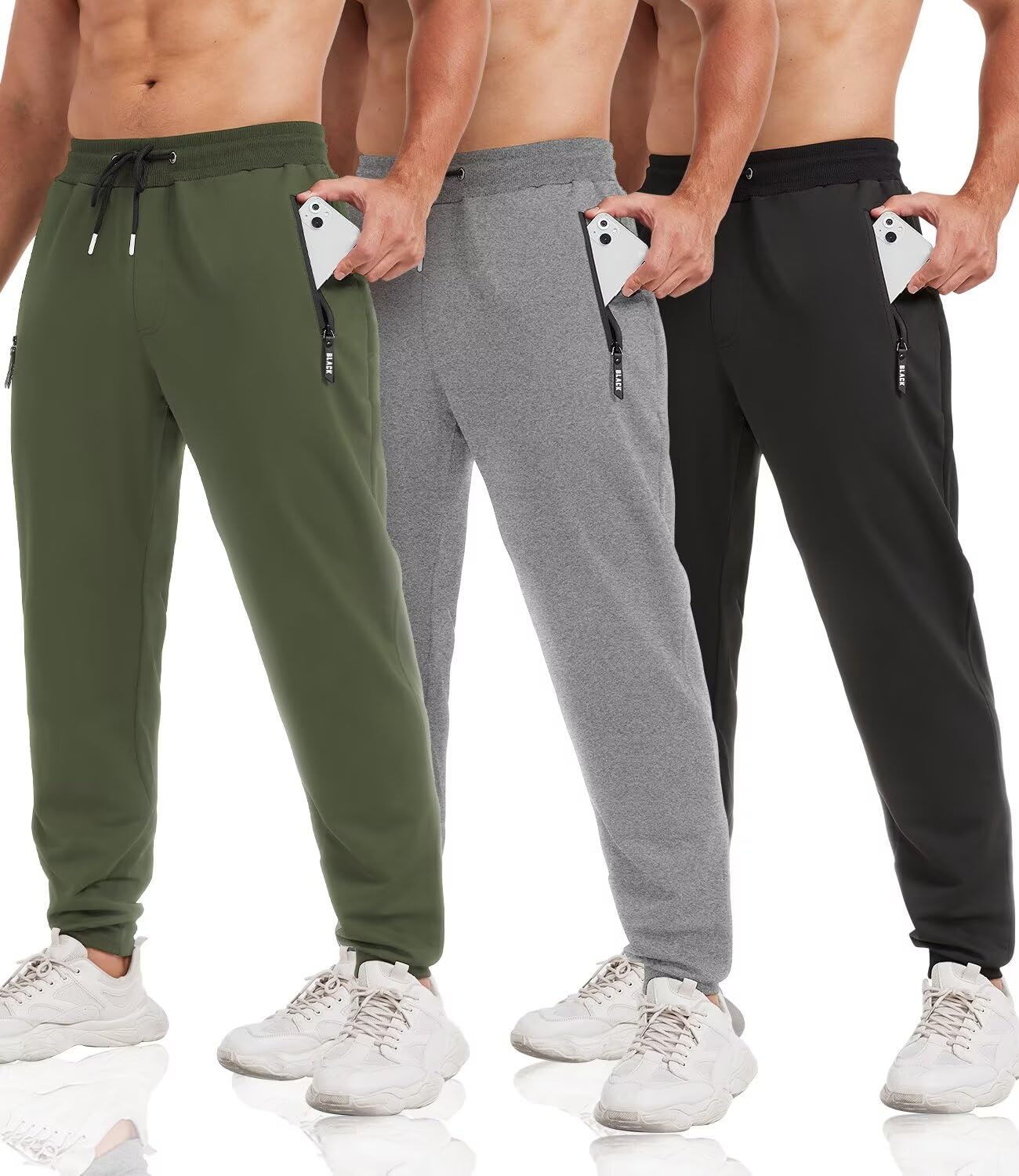 lomsoe 3 Pack Sweatpants for Men Tapered Mens Joggers Pants with Zip Pockets Slim Fit Running Gym Sweat Pants Gifts for Men