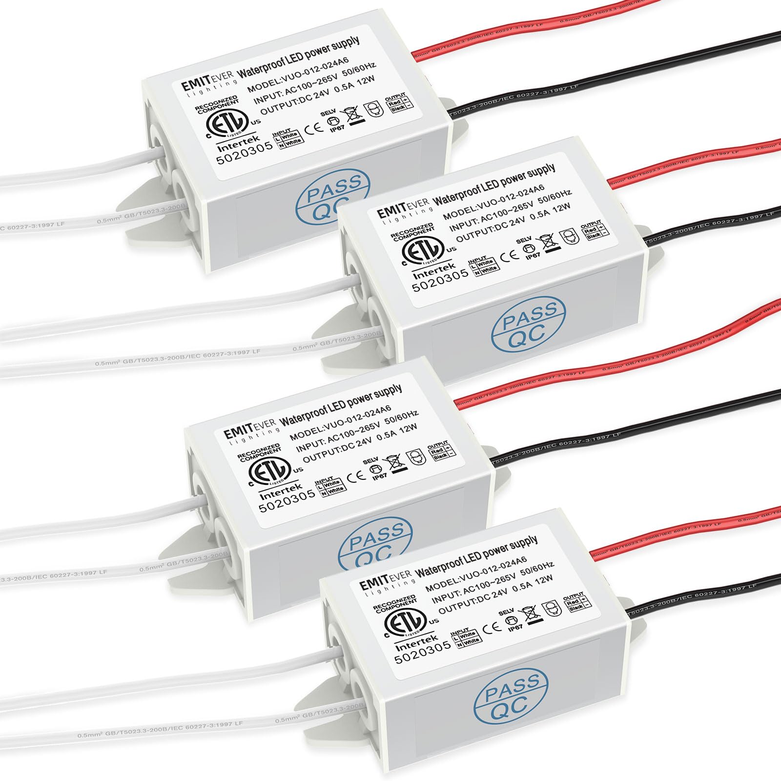 EMITEVER 24Volt LED Power Supply Driver 12W 4-Pack, ETL Listed Waterproof IP67 Low Voltage Transformer, 120V AC to 24V DC Converter for LED Strip, Spotlight Cabinet Tape Lights and Outdoor Lighting