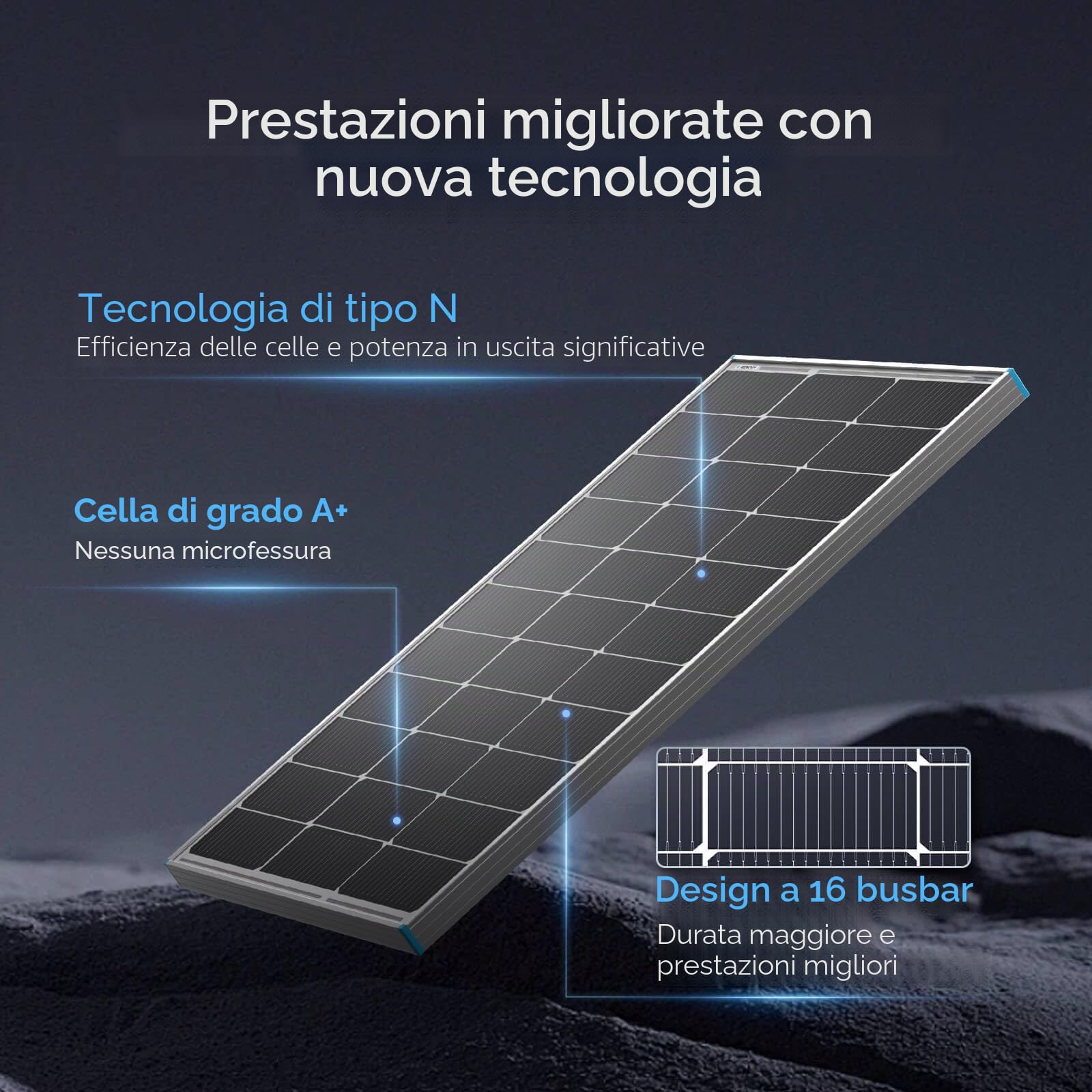 Renogy Pannello solare 100 W, tipo N, 16 BB, 12 V, 25% ad alta efficienza, modulo fotovoltaico, caricabatterie off-grid per camper