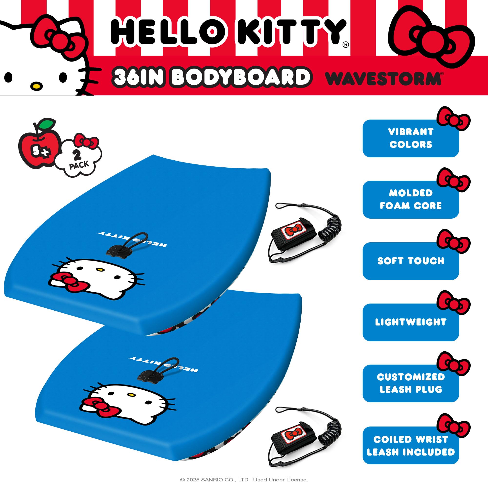 Wavestorm Hello Kitty Bodyboard, 91,4 cm, grafisches Oberdeck mit hochdichter glatter Unterseite, Schaumstoff-Konstruktion mit Zubehör, inklusive verbesserter Spiral-Leine, 2 Stück
