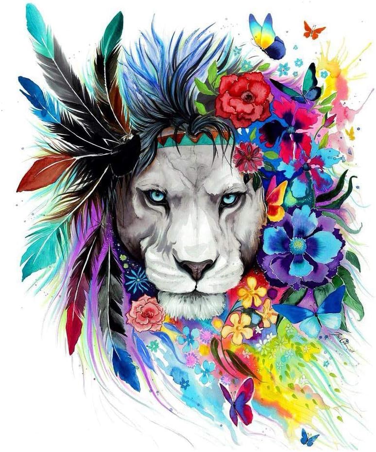 WISKALON Paint by Numbers for Adults Beginner DIY Acrylic Painting by Numbers Kits with Brushes and Acrylic Pigment - Colorful Flower Butterfly Feather Lion 16 x 20 inch (Without Frame)