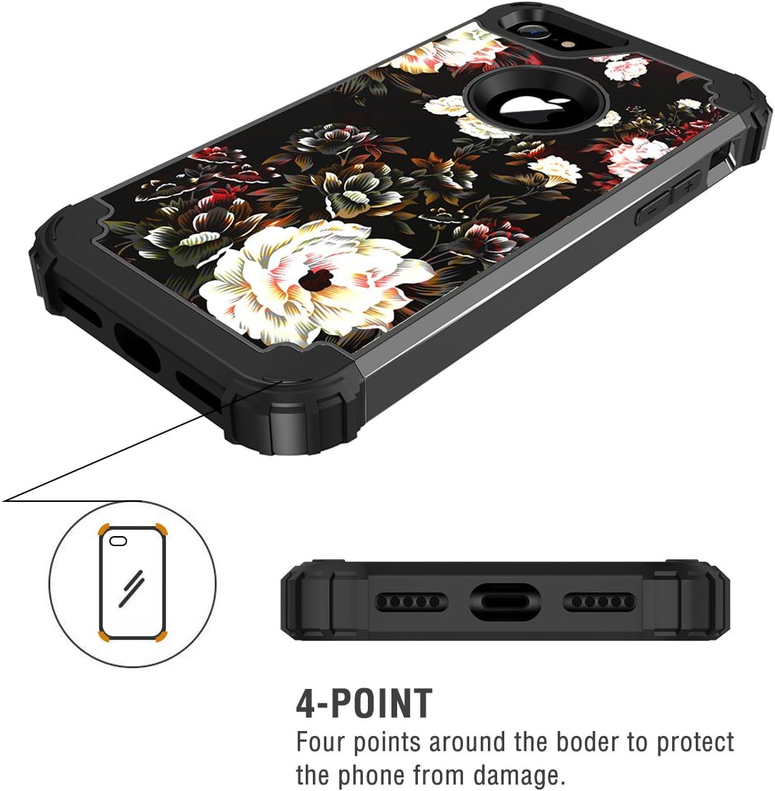 LONTECT Compatible iPhone 8 Case, iPhone 7 Case Floral 3 in 1 Heavy Duty Hybrid Sturdy High Impact Shockproof Protective Cover Case for Apple iPhone 8/iPhone 7 - Flower/Black