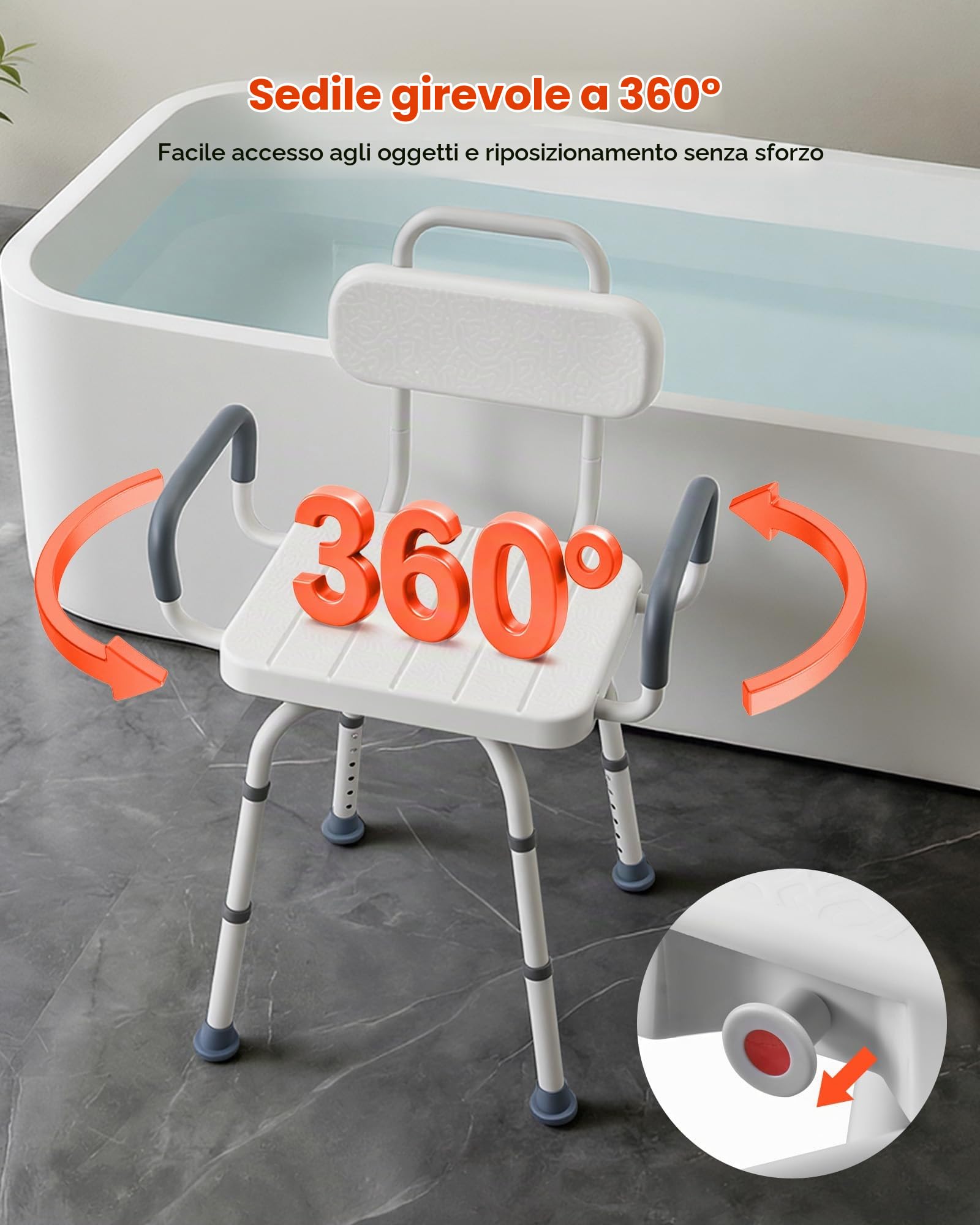 VEVOR Sedia da Doccia Girevole con Braccioli Schienale, Sedile Girevole per Trasferimento Vasca da Bagno Box Doccia Altezza Regolabile per Anziani Pazienti, Carico max 180 kg, Panca Mobilità da Bagno