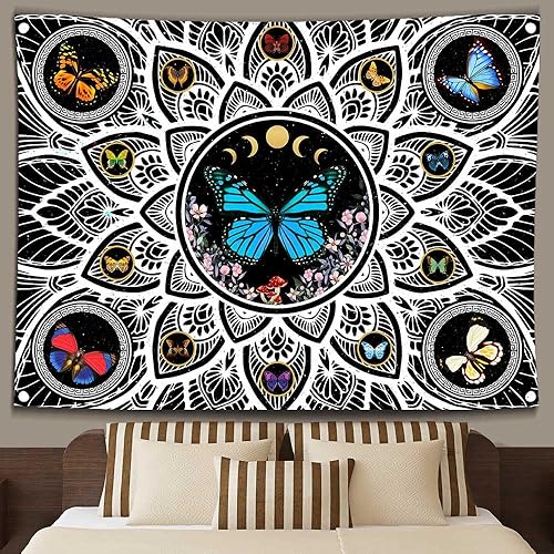 Miniatura 3 de GTOKIE0239 - Tapiz de mariposa para colgar en la pared, diseño de mandala bohemio blanco y negro, 80 x 60 pulgadas, estilo vintage, fase lunar,