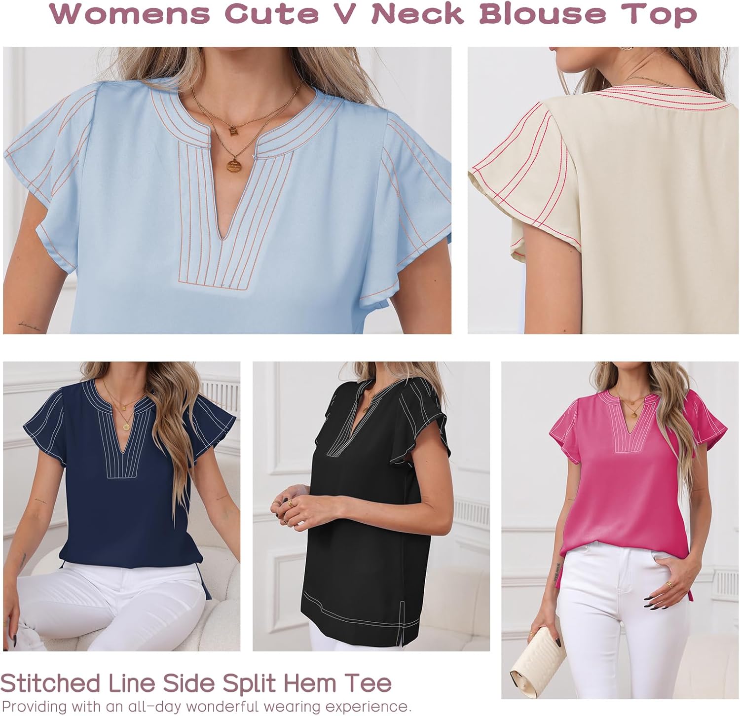 Famulily Womens Cute Flutter Cap Sleeve Notched V Neck Blouse Top Contrast Color Stitched Line Side Split Hem Tee Shirt - Image 6