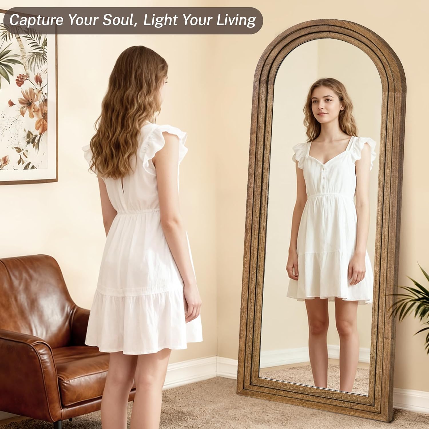 Full Length Mirror 65"x24" Arched Solid Wood Frame Floor Standing Mirror, Hanging or Leaning Wall-Mounted for Living Room, Bedroom, Oak Color