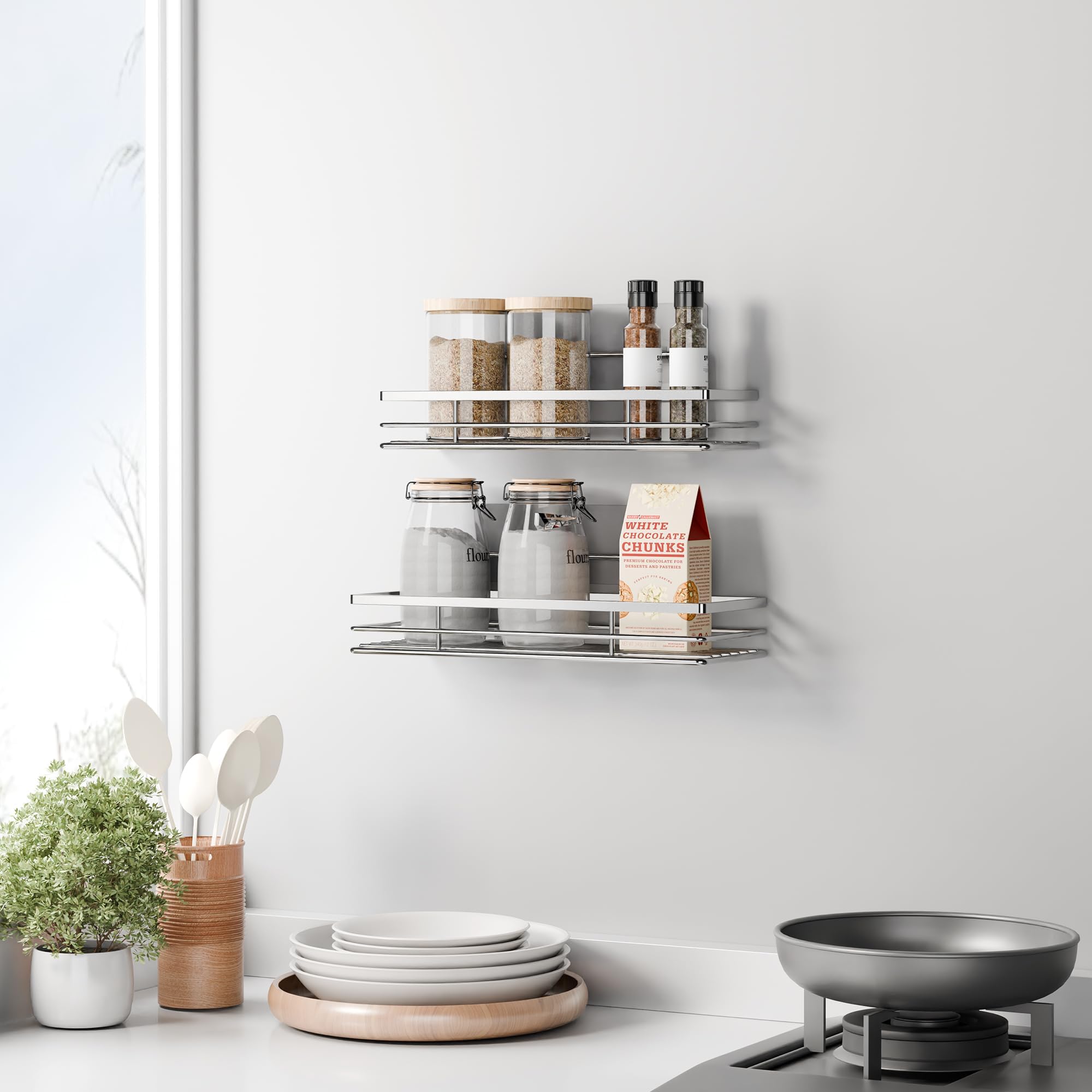 2 Unidades Estante De Ducha Sin Taladro Adhesivo Organizador De Baño | Plateado Juego de 2 estantes de acero inoxidable con 2 adhesivos, INSTALACIÓN SIN TALADRO