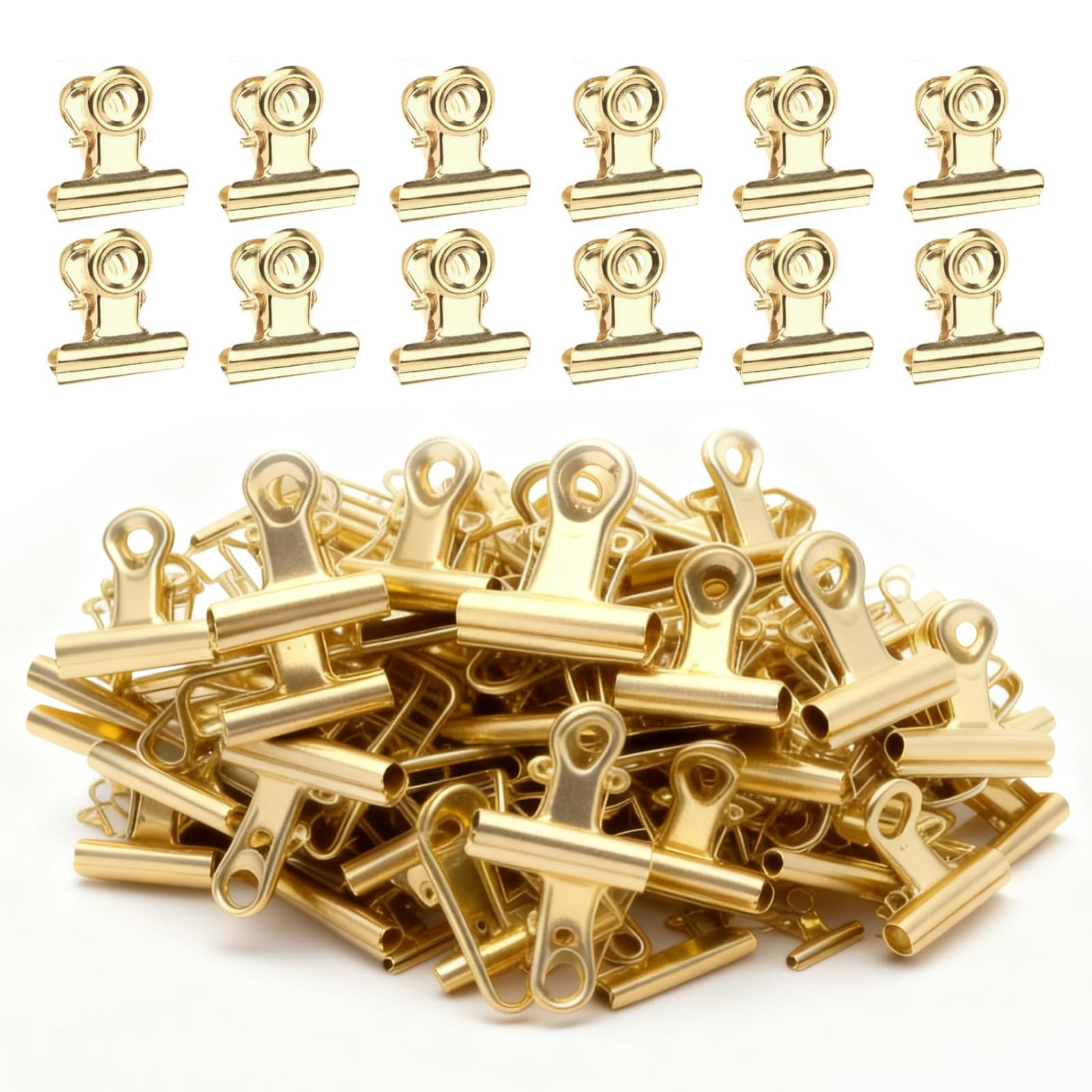 MIYUANGKJ 100 PCS Small Golden Bulldog Clips 22mm Gold Binder Clips Metal Mini Foldback Clips Paper Clip Hinge Clips for Office Supplies School Home Organizing Files Money Papper Stationary