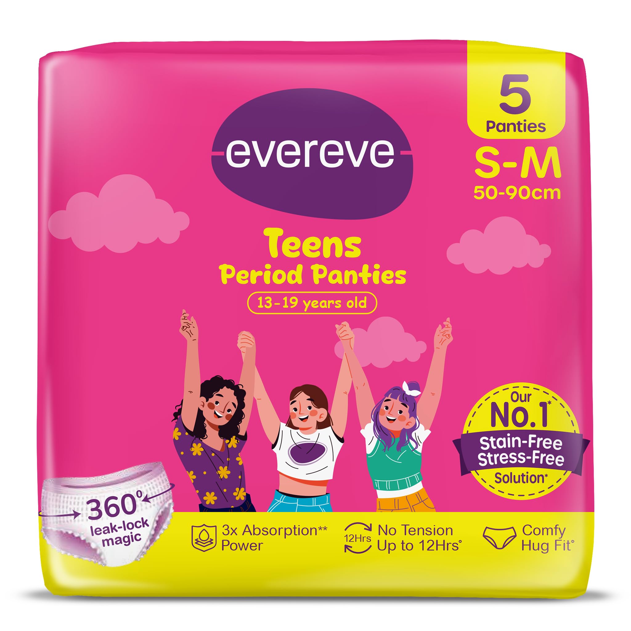 Evereve Teens Period Panty For Girls, S-M 5Pcs (for 13 to 19 years old), 360 Degree Anti-Leak Coverage, Up to 12hours Protection, Heavy Flow Absorbency, Ideal for School & Overnight Use, Comfy Hug Fit