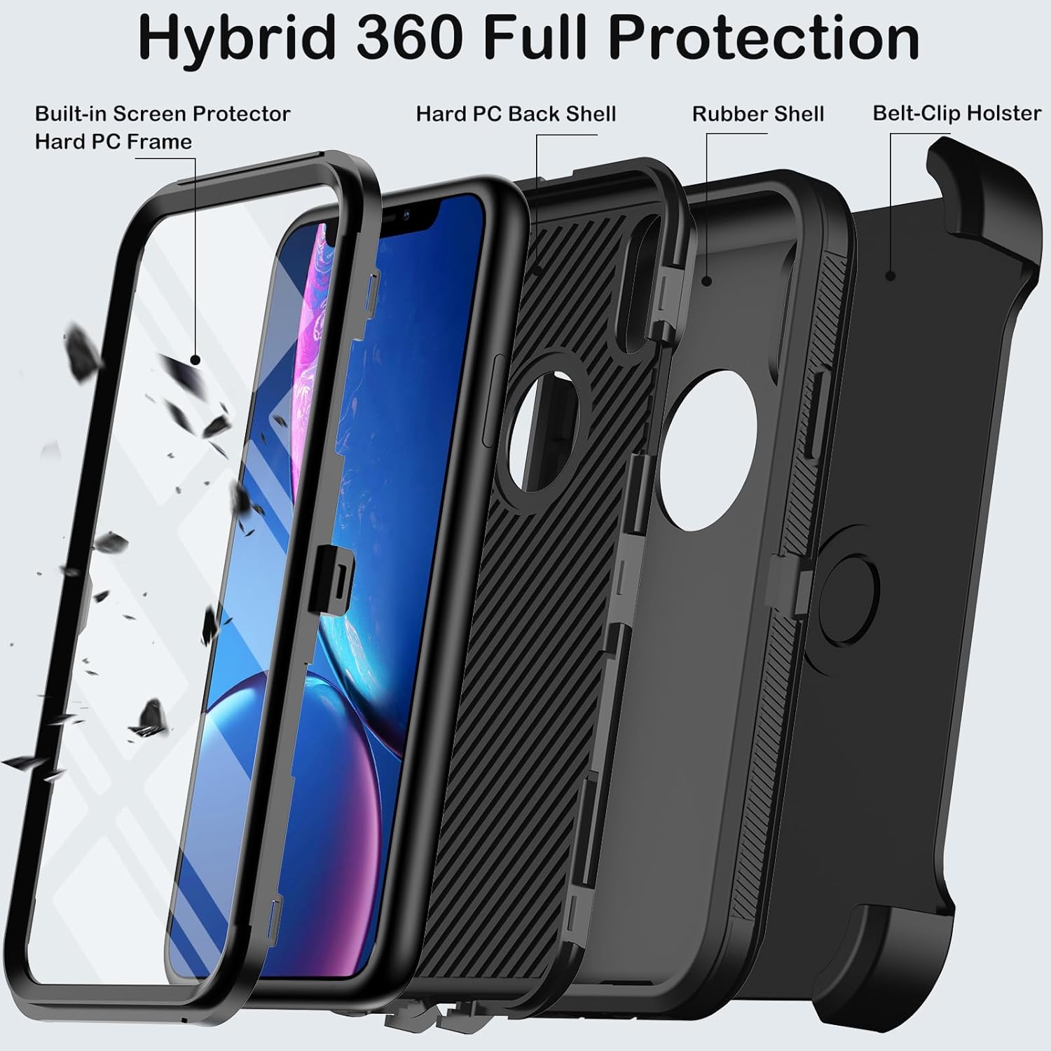 for iPhone XR Case with Built-in Screen Protector,Belt Clip Holster,Heavy Duty Shockproof Drop Protection Military Grade Rugged Full Body Durable Phone Cover with Kickstand (Black) - Image 3