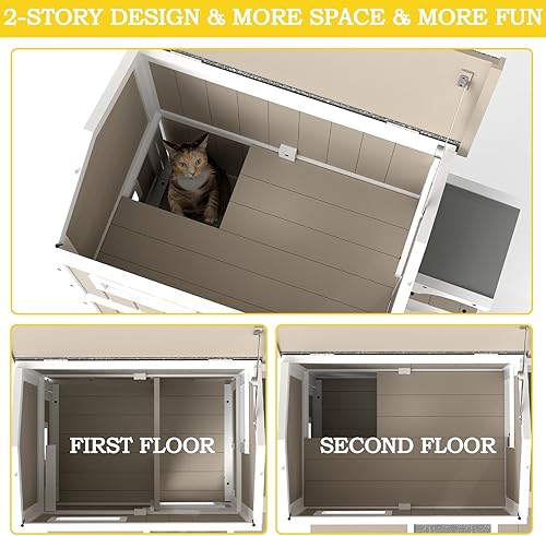 Miniatura 5 de Casa para gatos de 2 pisos de 28.7 pulgadas de largo con 3 puertas, refugio para gatos para interiores y exteriores para 2-3 gatos con balcón