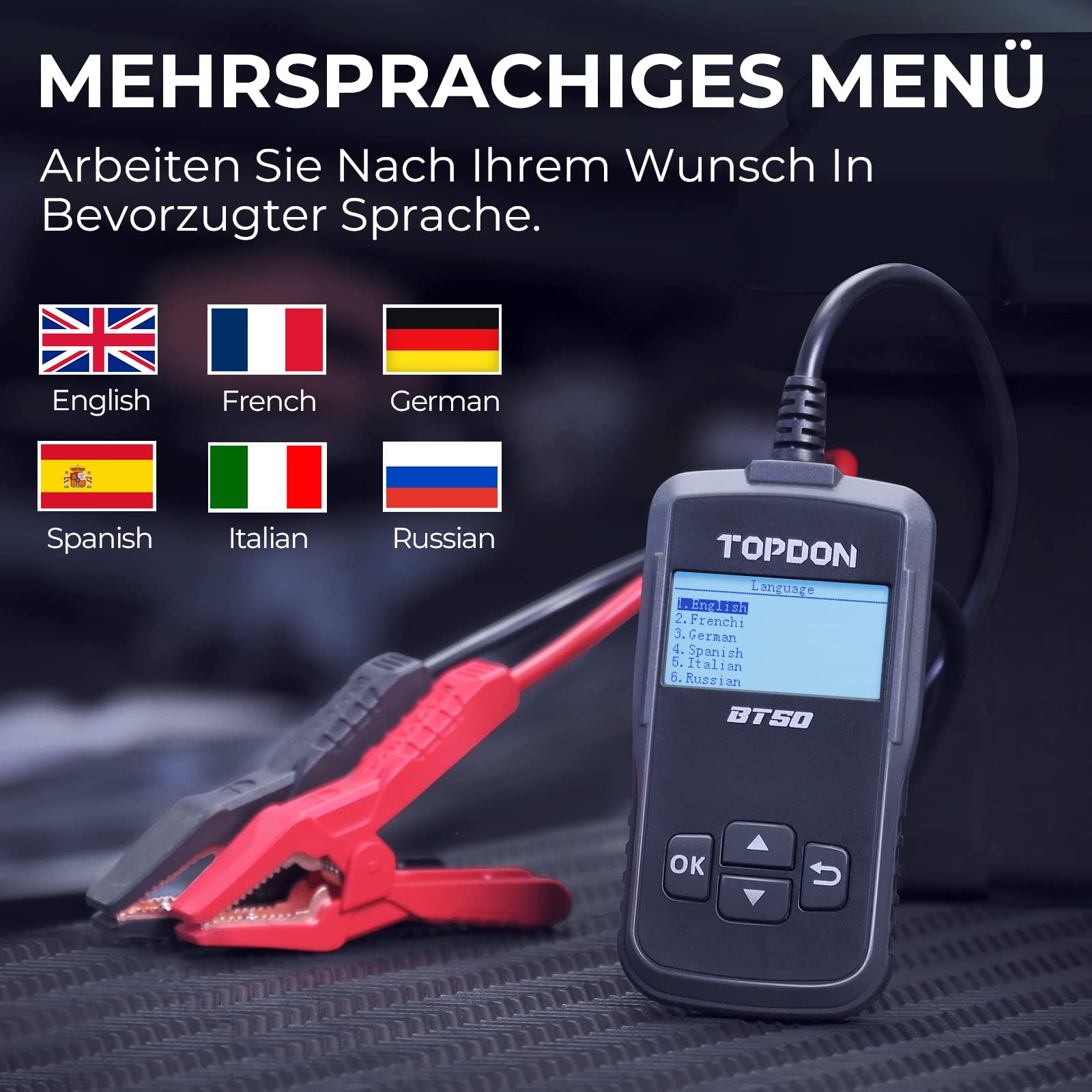 TOPDON BT50 Testeur de batterie, 12V testeur de batterie de voiture 100-2000 CCA vérification de la santé de la batterie test de démarrage charge, analyseur d'alternateur de batterie de test, noir