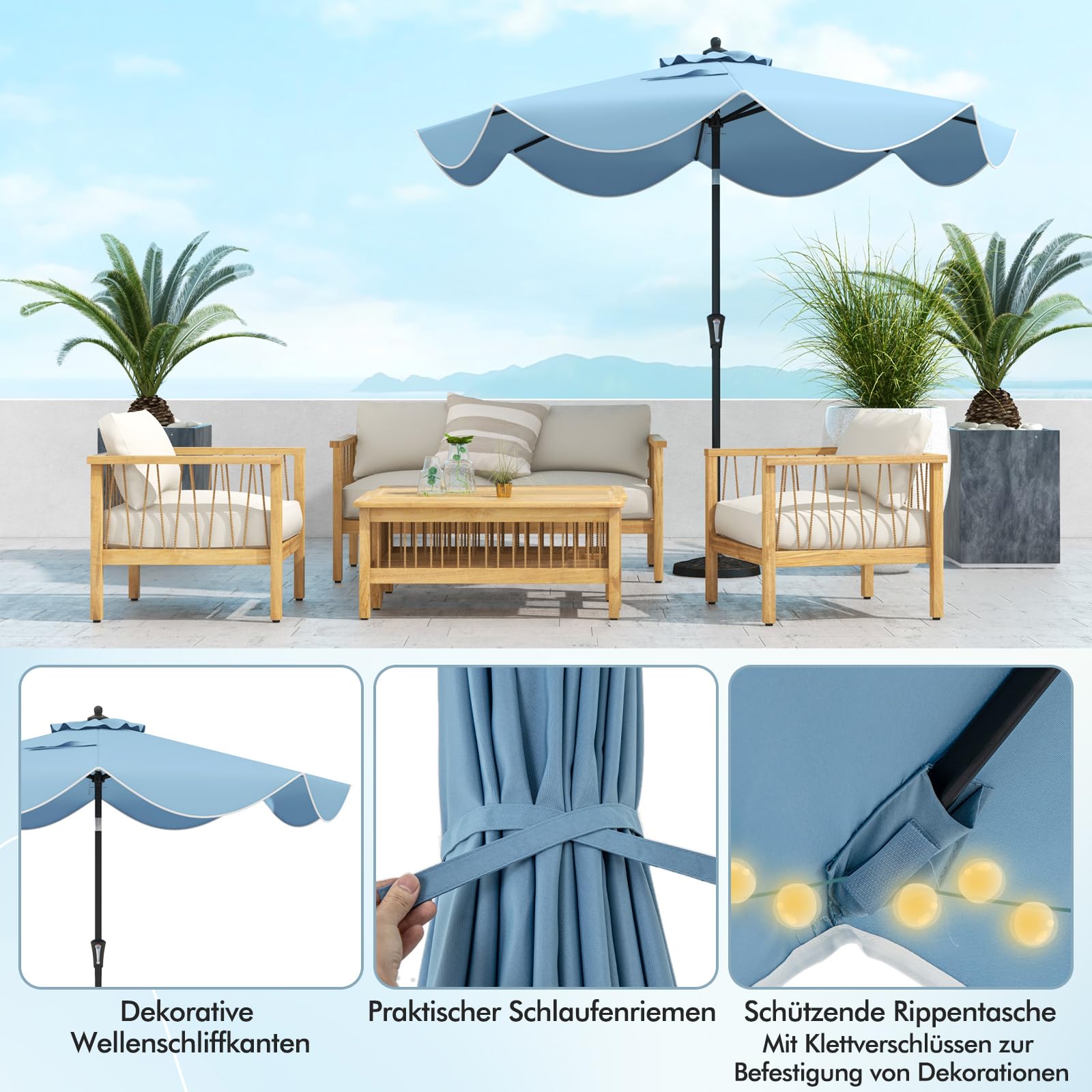 COSTWAY Parasol przeciwsłoneczny, 300 cm, z korbą i falbanką, obustronnie zginany o 30°, parasol tarasowy, do ogrodu, na balkon, taras