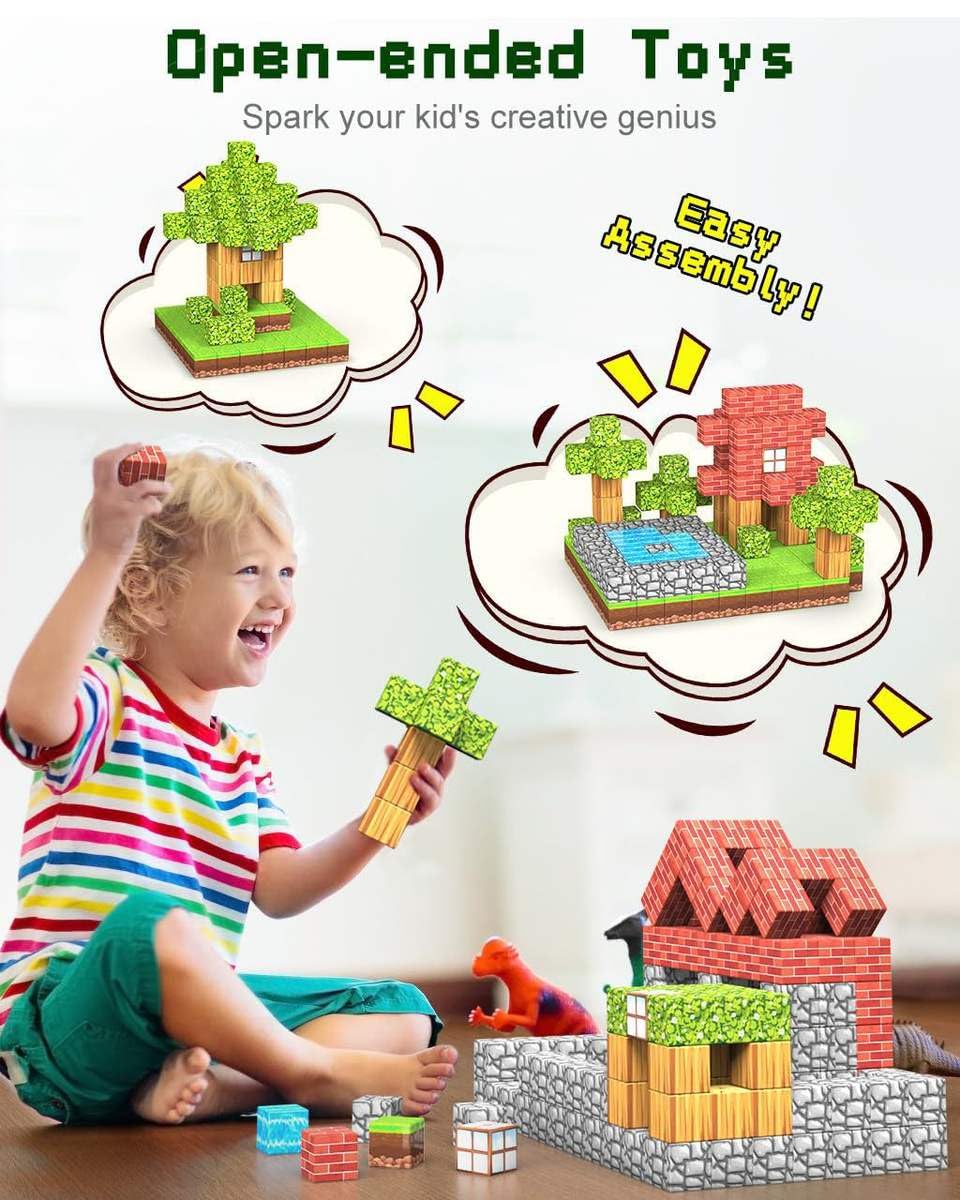 Set of 63 Pcs Big Size (2.5cm) Magnetic Building Blocks – Forest Theme STEM Toy with Brick, Wood, Stone & Water Textures – Creative Construction Cubes for Boys & Girls, Ages 3+ (Base not Included) 4