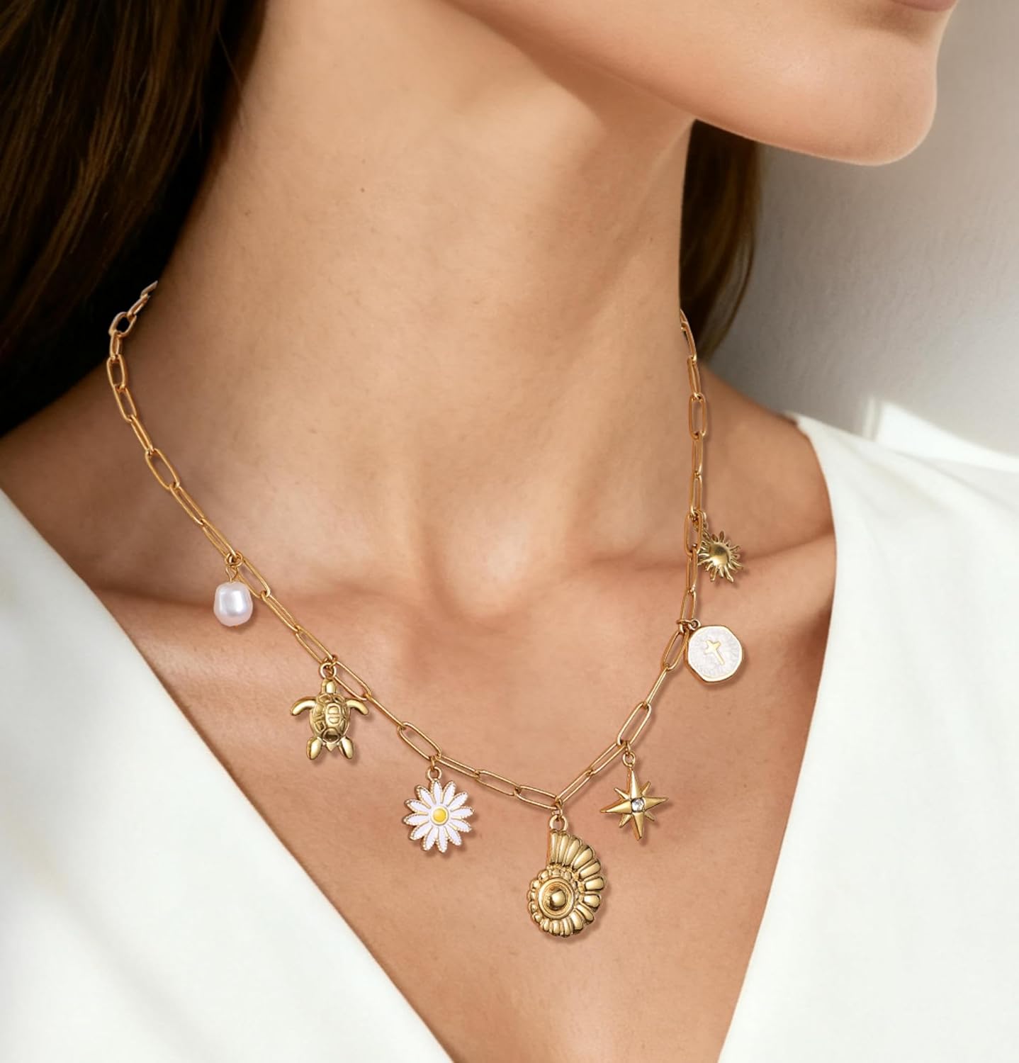 LALAPPLE Chunky Charm Necklace for Women 14K Gold Plated Stainless Steel Trendy Cute Summer Beachy Charm Pendant Hypoallergenic,Boho Summer Seashell Beach Starfish Surfer Jewelry - Image 4